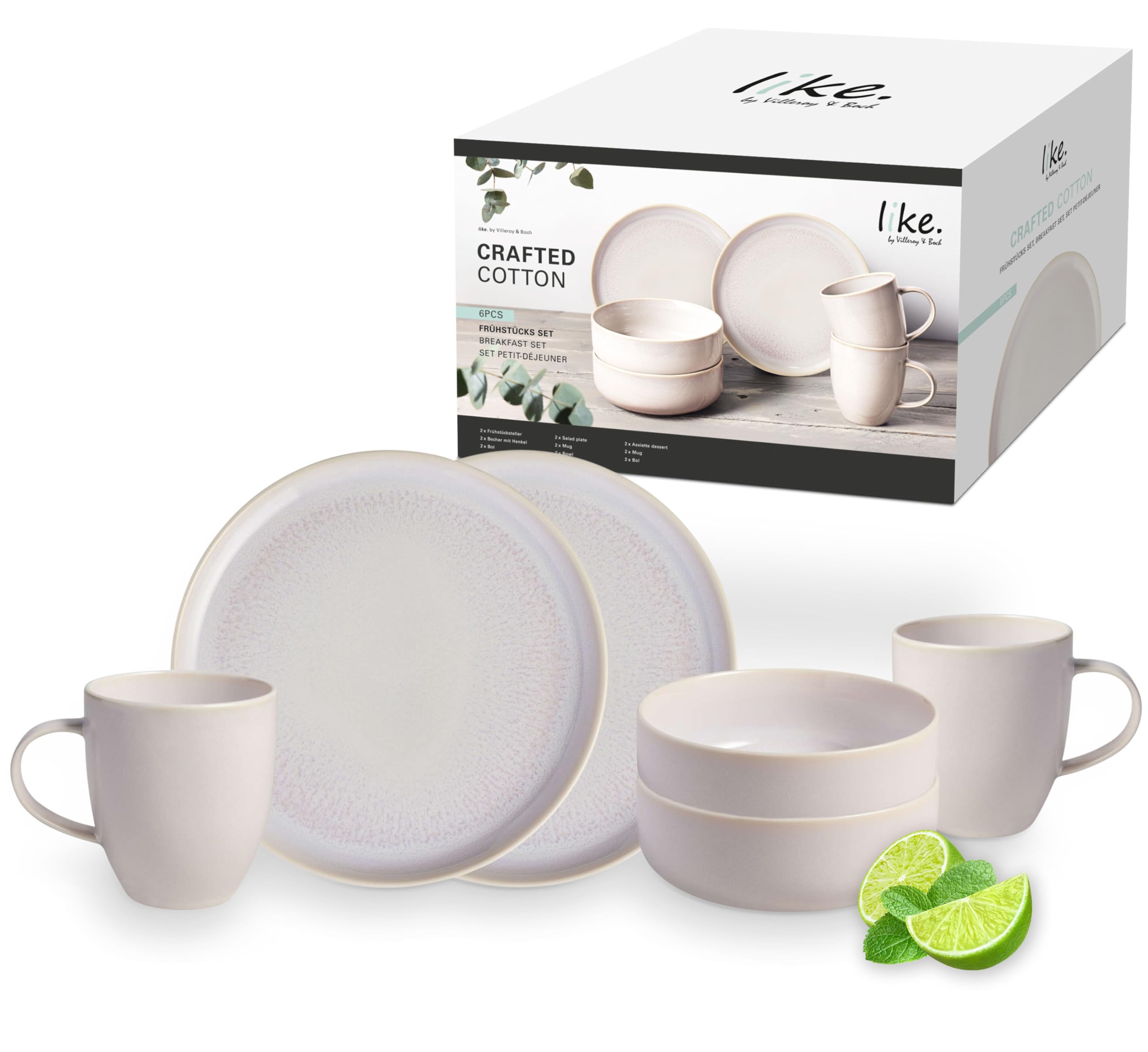 like. by Villeroy & Boch – Crafted Cotton Frühstücks-Set 6 teilig Weiß, Spülmaschinenfest, Mikrowellensicher, Geschirr Set, Geschirrset, Service mit Frühstückstellern, Pottery-Look, Premium Porzellan