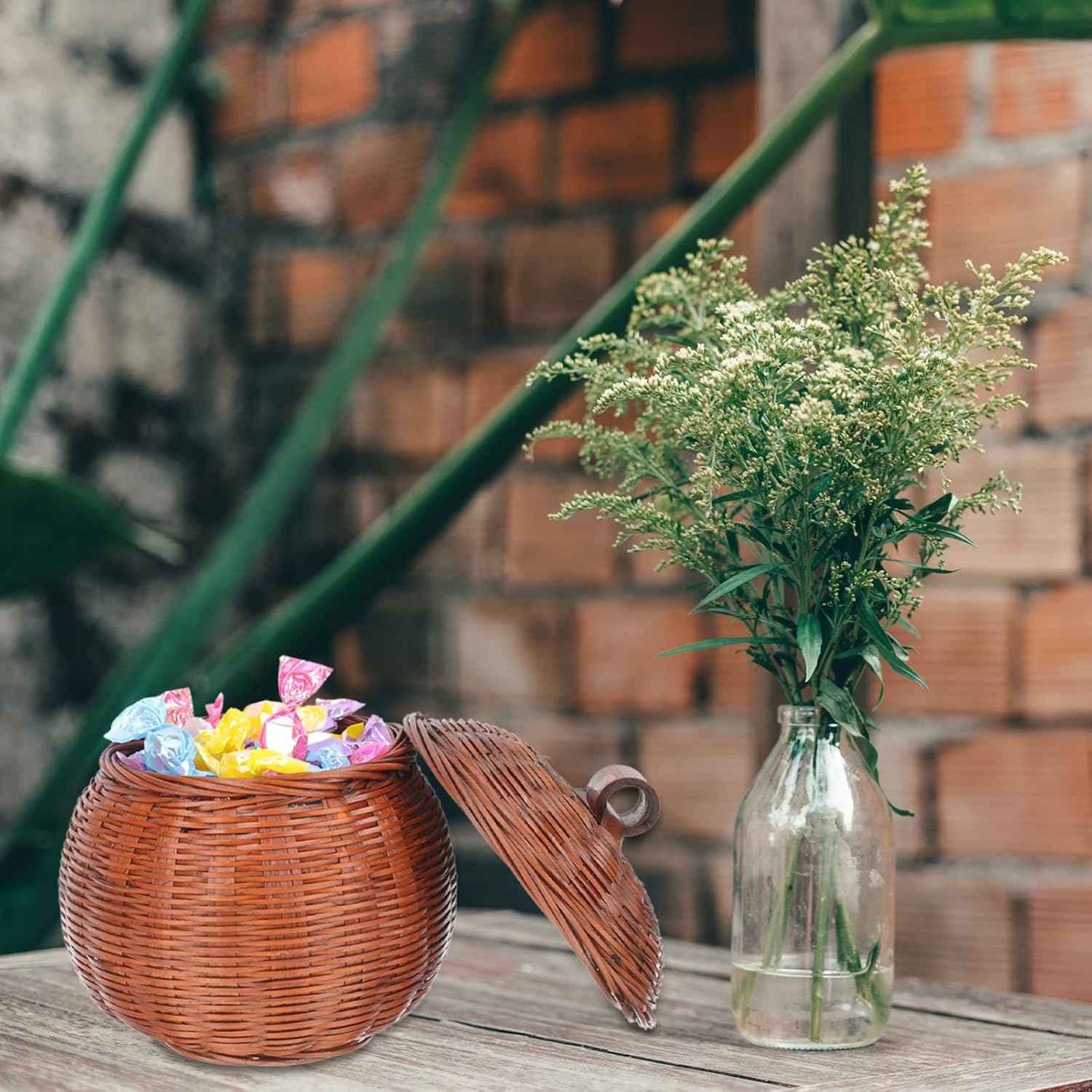 PATKAW Rattan Storage Basket Pumpkin Shape Round Rattan Boxes with Lid Wicker Egg Basket Desktop Organizer Bin Caddy Container for Food Bread Snack Fruit