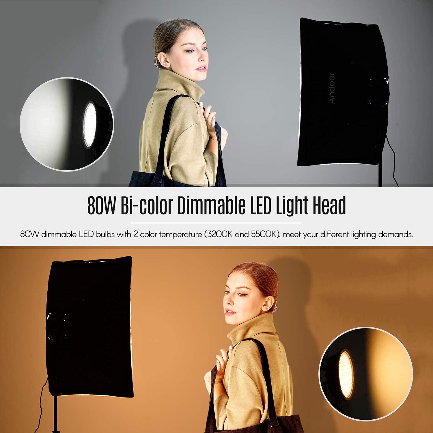 Andoer Softbox kit, LED Video Luce con Softbox Lightbox 20 x 28 pollici, Lampadina LED Dimmerabile 45 W 2 Temperature di Colore, per Ritratti in Studio, Fotografia Prodotti, Foto di Moda, Video, ecc