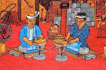 Amazon.co.jp: 真作 斎藤吾朗 木版画「三州瓦 瓦磨き」 画寸