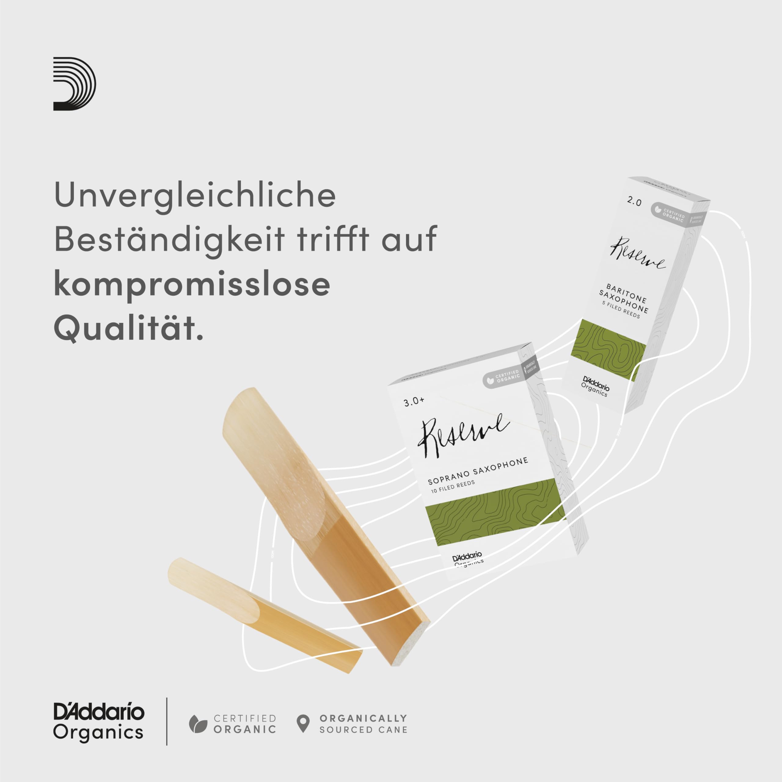 D'Addario Organisch Reserve Alto Saxophon-Stimmzungen - Saxophonrohre - Das erste und einzige Bio-Schilfrohr - 3.0+ Stärke, 10 Packung