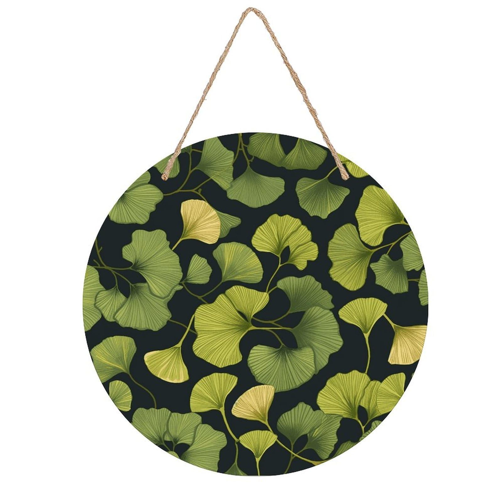 VstaDank Ginkgo Biloba Wall Decor Round Wood Hanging Sign 7.9x7.9 in Wooden Circle Door Hanger with Ropes, Rustic Wall Art Decor for Home Front Door Indoor Outdoor Decoration