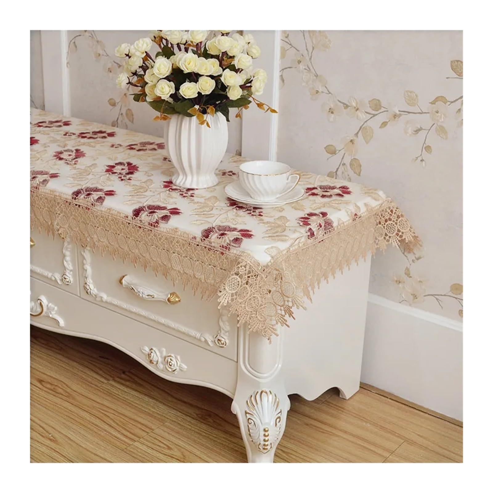 Nappe longue blanche rectangulaire 60x190cm pour chemin de meuble TV en dentelle brodée