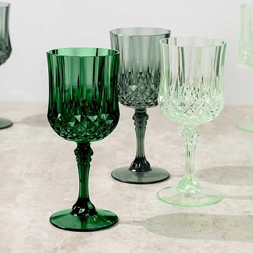 Efavormart - Paquete de 12 copas de vino de plástico reutilizables de corte de cristal verde, copas de cóctel inastillables, 8 onzas