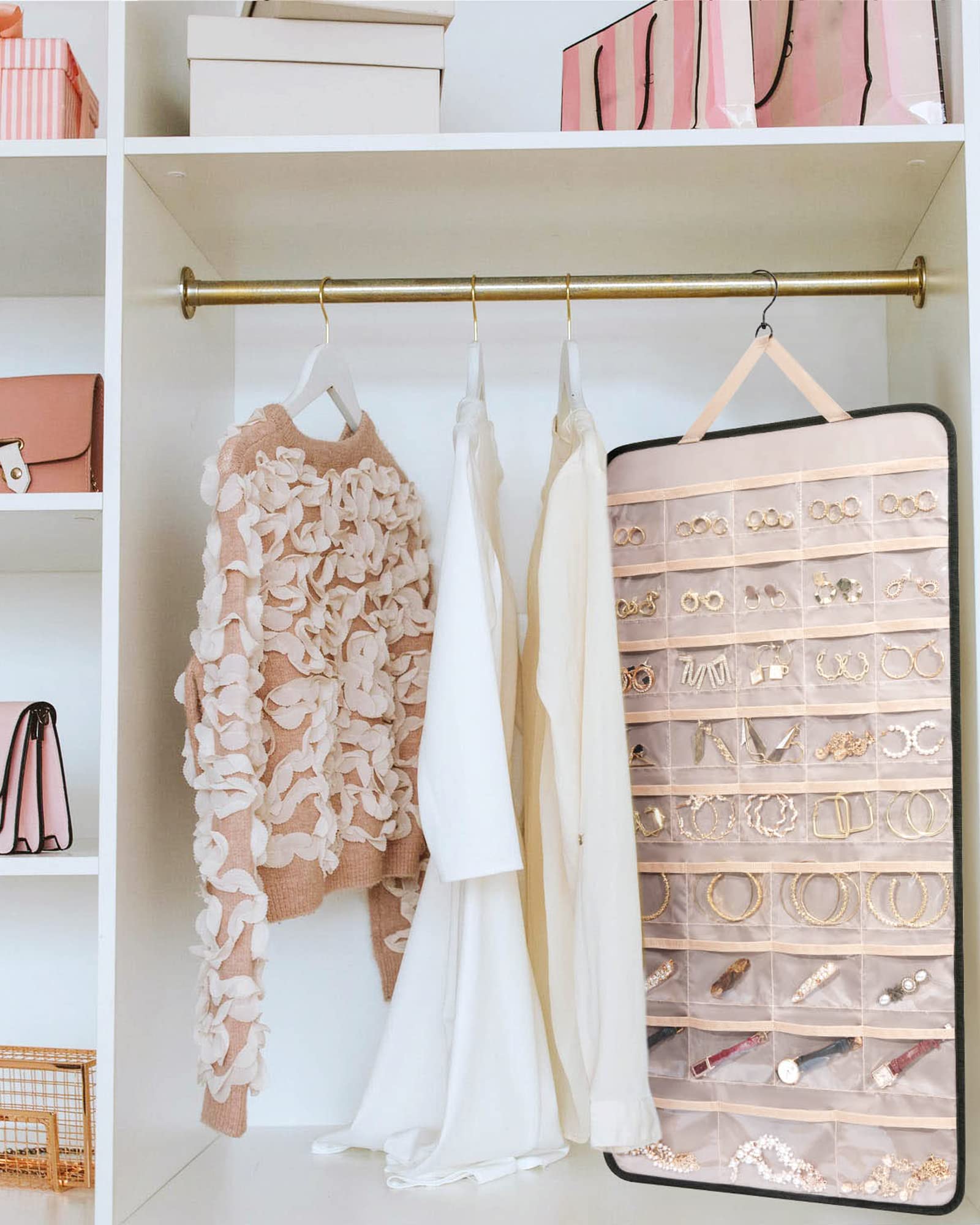 BAGSMART Hanging Jewelry Organizer Storage Roll with Hanger Metal Hooks Double-Sided Jewelry Holder for Earrings, Necklaces, Rings on Closet, Wall, Door, 1 piece, Extra Large, Black