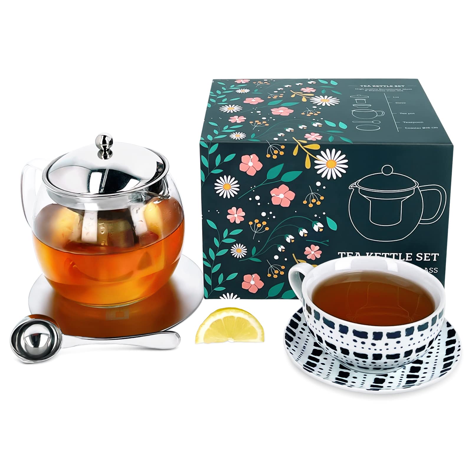 Tetera de Cristal con Filtro, Teteras para Té Individual 1 L con Filtro Acero Inoxidable, Cucharilla Te, Posavasos Grande de Metal y Caja de Regalo, Regalos para un Entusiasta del Té Hombre o Mujer