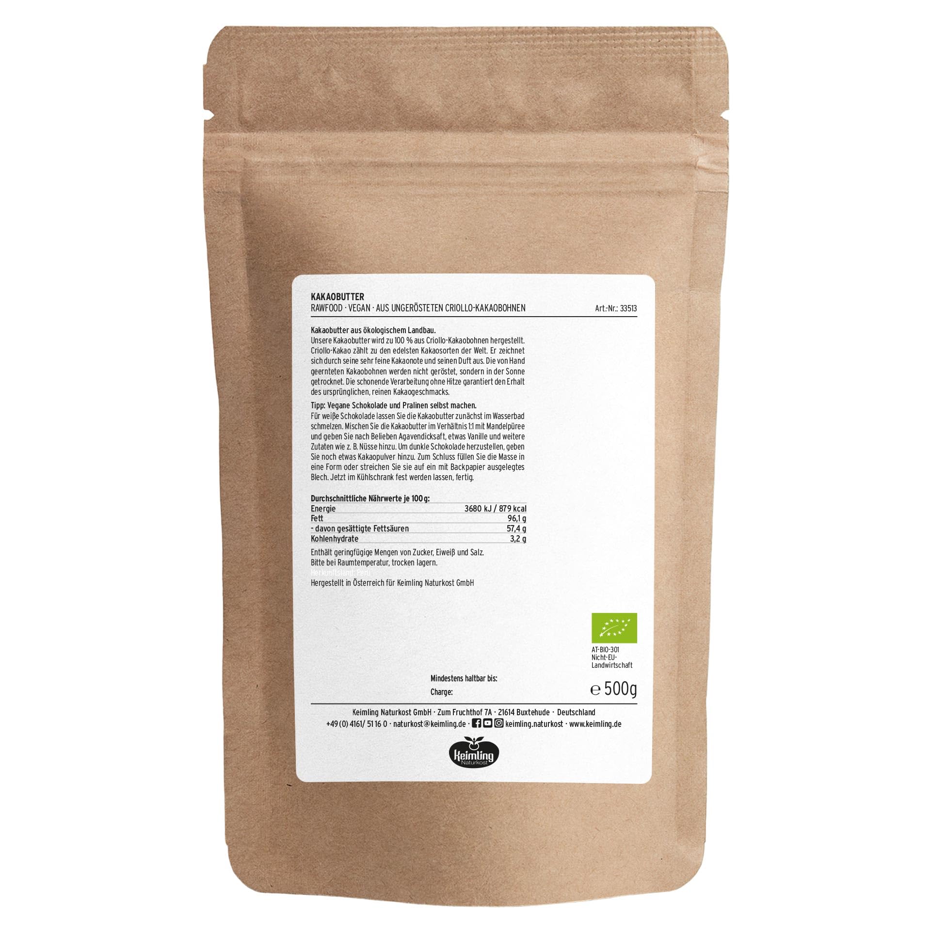 Bio Kakaobutter 500 g 100% reine Kakaobutter unraffiniert vegan naturbelassen