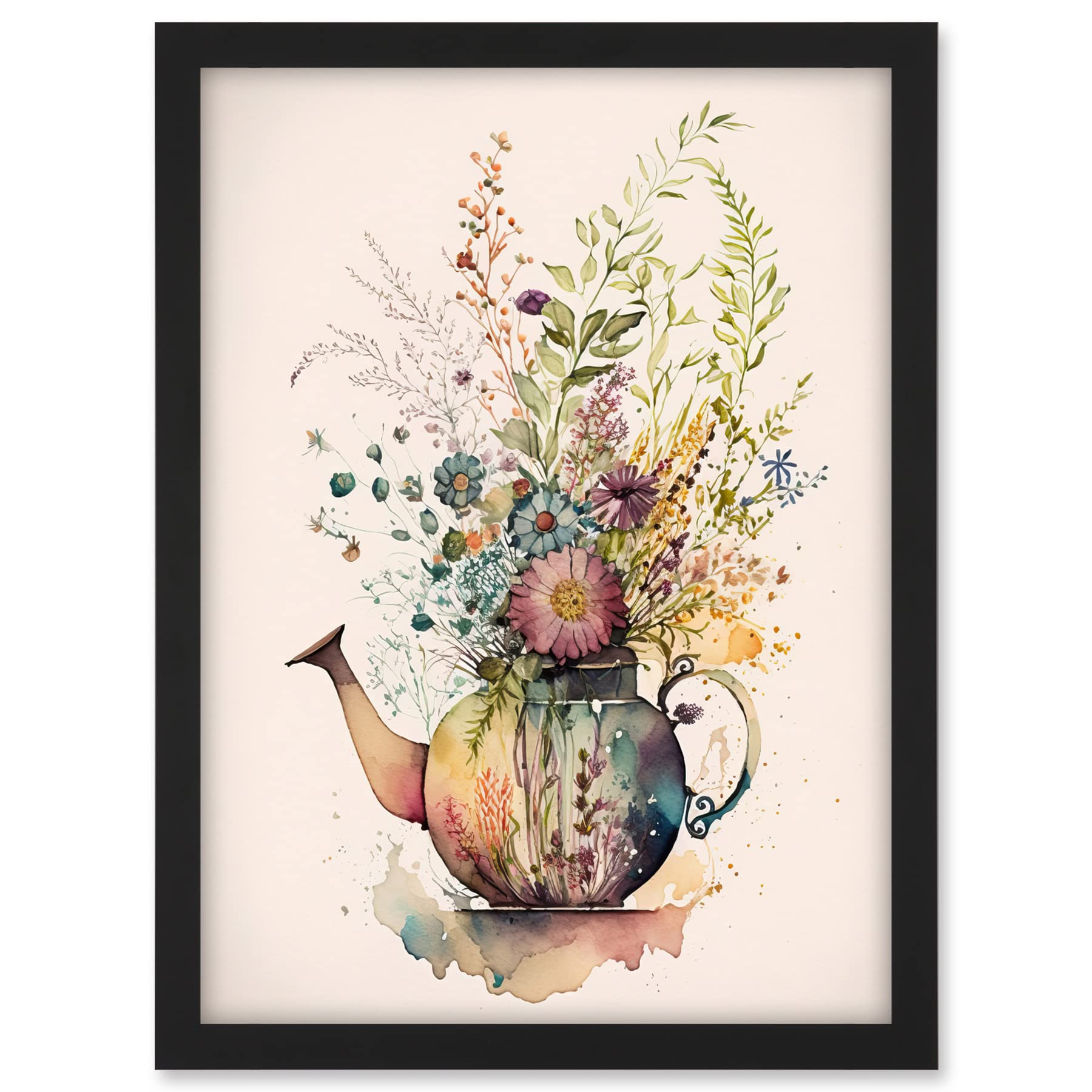 Artery8 Wildflower Floral Spring Bouquet in a Teapot Vase Artwork Framed A3 Wall Art Print