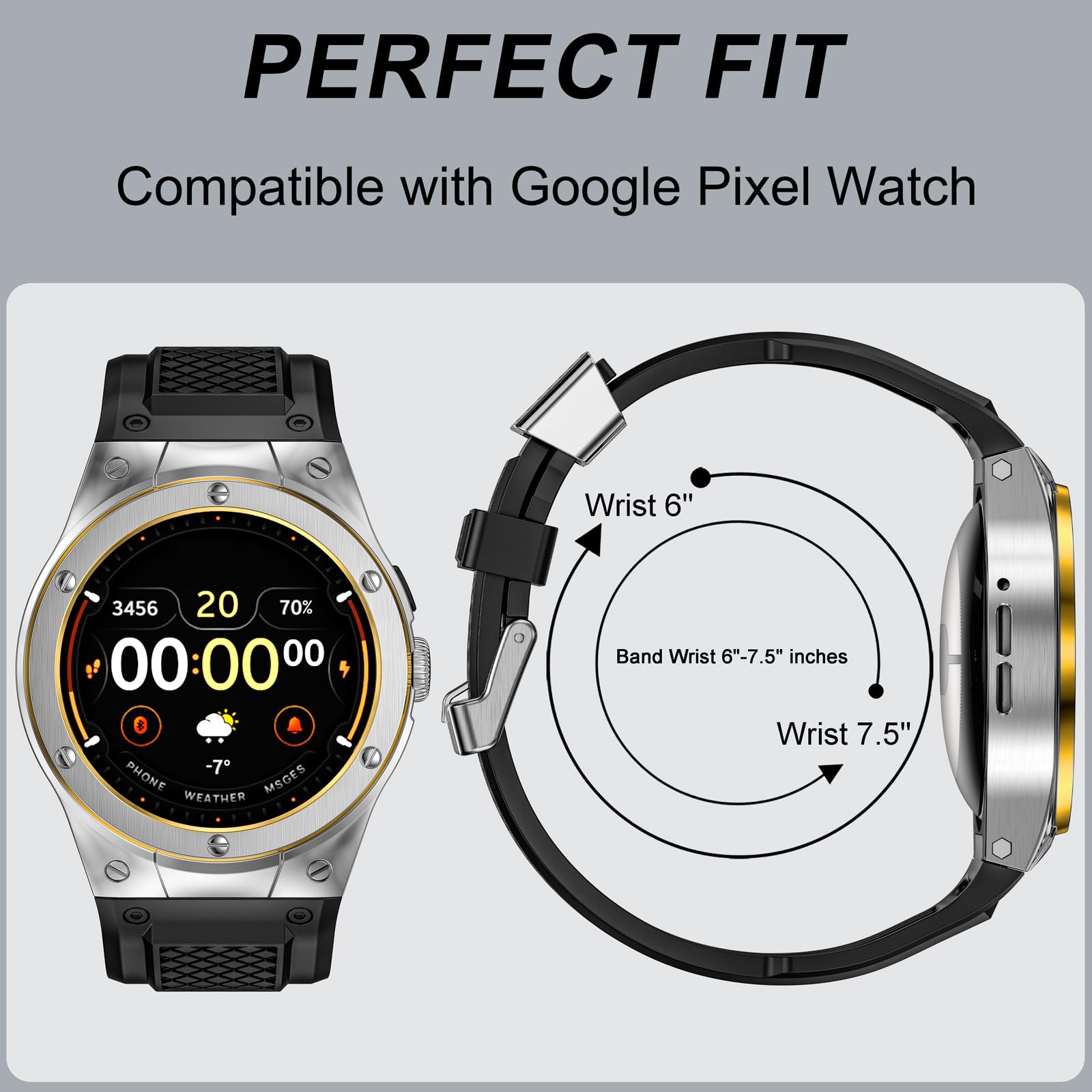 MioHHR Bracelet en silicone souple pour Google Pixel Watch 3/2/1 de 41 mm, bracelet de rechange souple avec coque de protection en acier inoxydable pour Google Pixel Watch, homme et femme, argent et