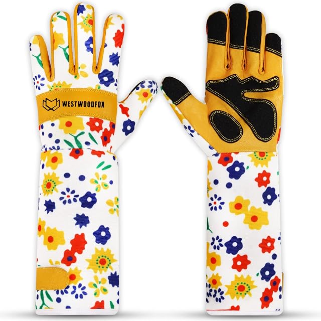 WESTWOOD FOX Leather Gardening Gloves Long Forearm Protection Sleeves Thorn Proof Work Gloves Rose Pruning Garden Safety Breathable Durable Thick Palm Gauntlet Gift for Men and Women (Yellow, XL)