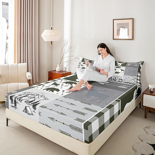 Miniatura 243 de Sábana bajera ajustable de oso de caza, juego de ropa de cama a cuadros de búfalo, sábanas de retazos de cabaña rústica para niños, niños, Multi