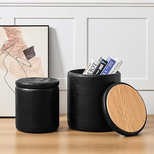 Miniatura 11 de Otomana redonda con almacenamiento, juego de 2, sillas de tocador tapizadas de terciopelo de peluche suave, soporte acolchado de 330 libras,