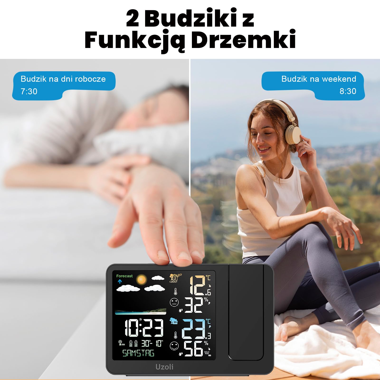 uzoli Budzik projekcyjny stacja pogodowa, WWVB Atomowy zegar projekcyjny z czujnikiem, regulowane podświetlenie, temperatura i wilgotność wewnątrz i na zewnątrz, cyfrowy zegar projekcyjny na sufit w
