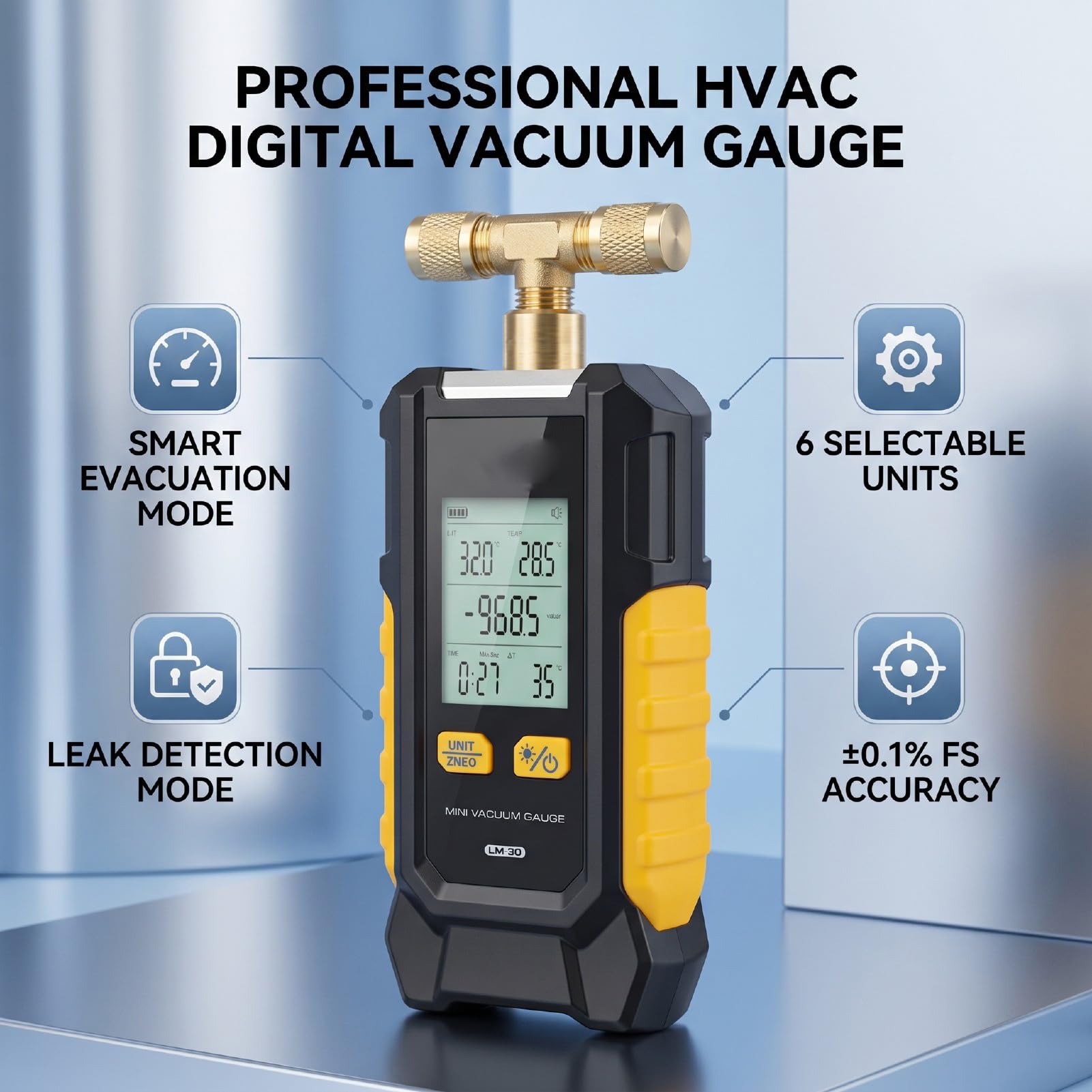 Luocute Vacuómetro Digital, Medidor de Vacío HVAC con Evacuación Inteligente y Detección de Fugas, Resolución de 0,01 Bar, Interruptor de 6 Unidades, Precisión ±0,1%, Calibración
