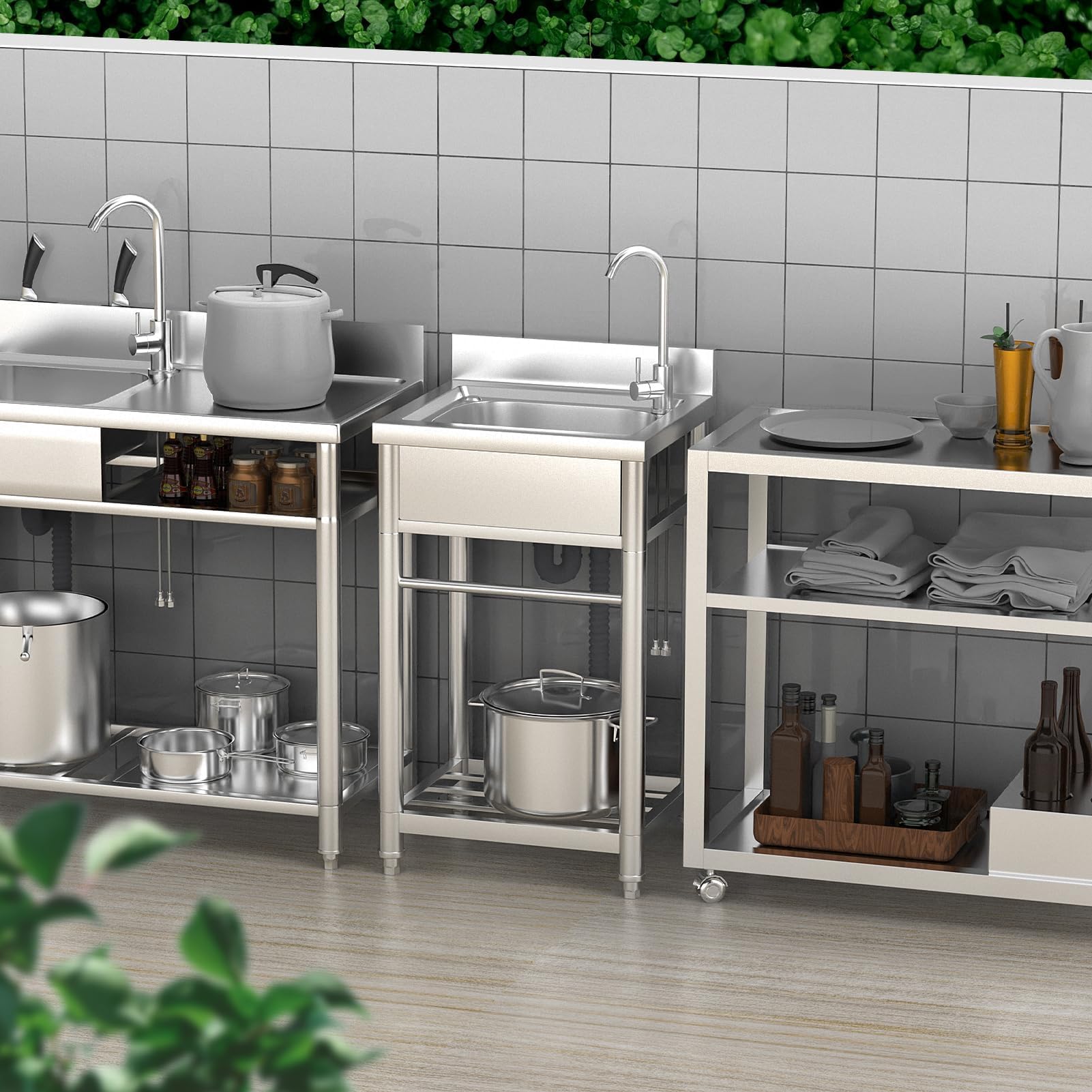 Utility Sink Standing Stainless Steel with Countertop Single Bowl Commercial Kitchen Sink Workbench/Drainboard for Commercial Restaurant Kitchen Laundry Room Backyard Outdoor - 3