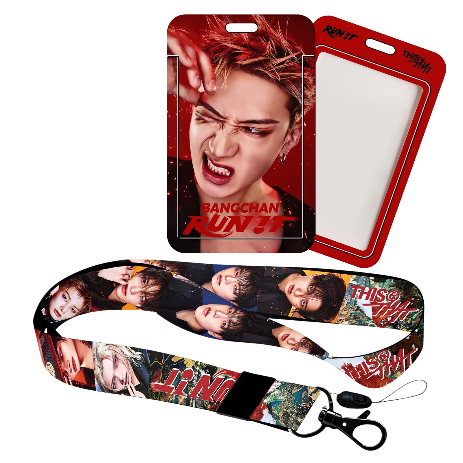 Stray Kids Run IT Photocard Holder Case and Lanyard Set, 1 Pcs Lanyard & 1 Pcs ID Photo Holder Stray Kids Plastic Badge Holder with Strap SKZ Merch Gift (BANGCHAN)