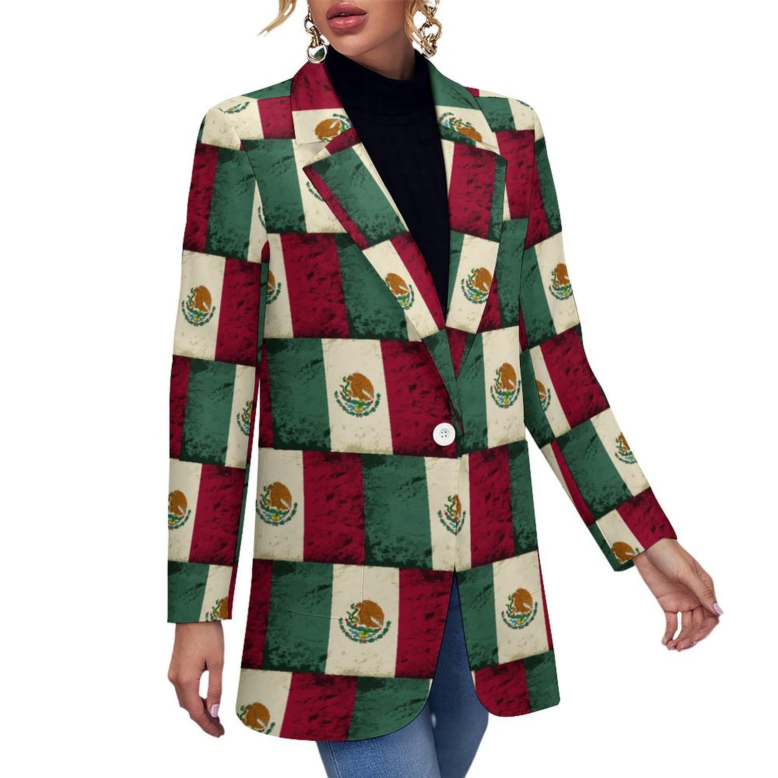 Retro Mexican Flag Blazers for Women Fashion Business Casual Office Elegant Jacket Coat with Pockets