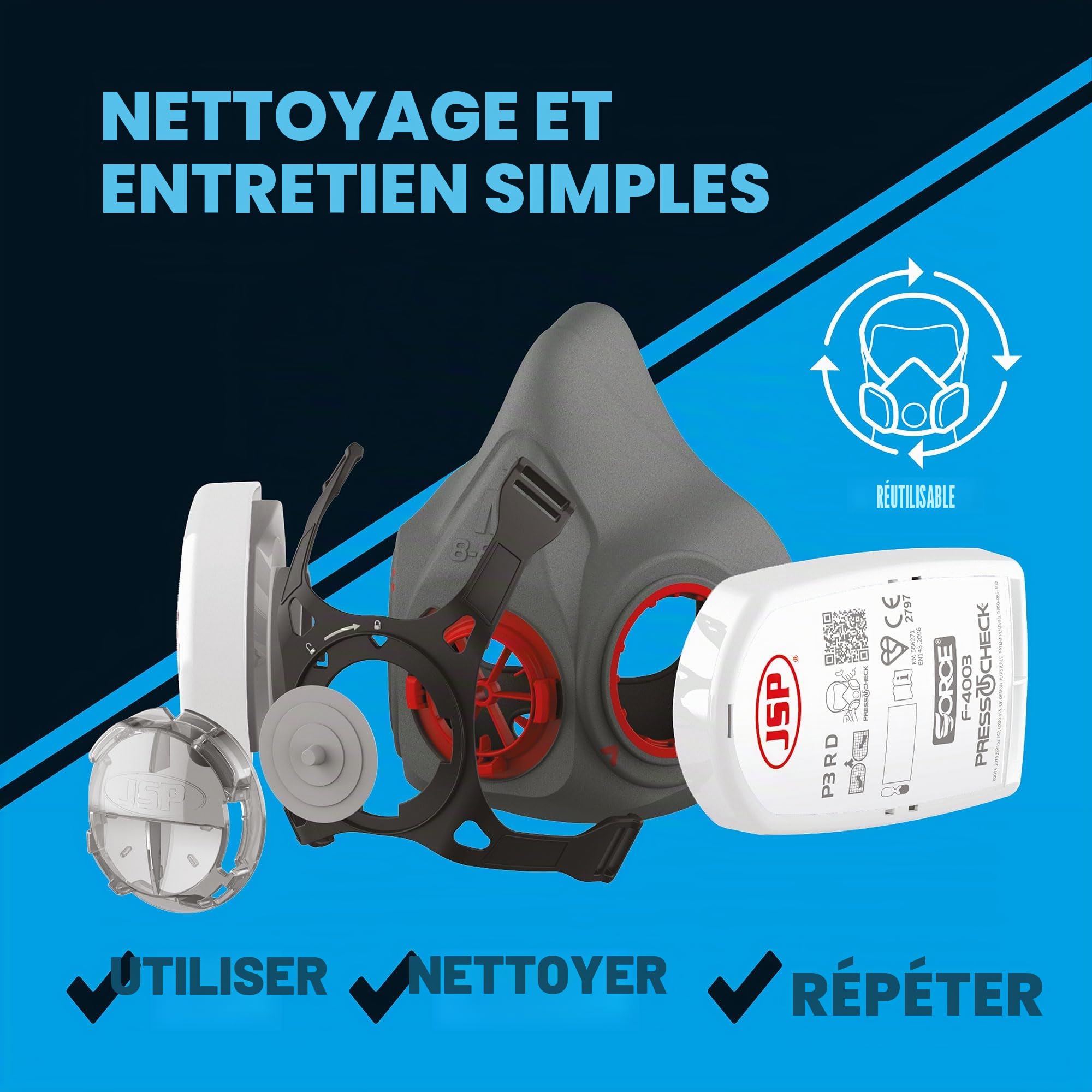 JSP FORCE 8 Masque Respiratoire Filtres P3 PressToCheck™ - Réutilisable - Protection Poussières Fines, Quartz, Bois, Glyphosate, Moisissures, Aérosols - Bricolage, Industrie - EN 140 & EN 143