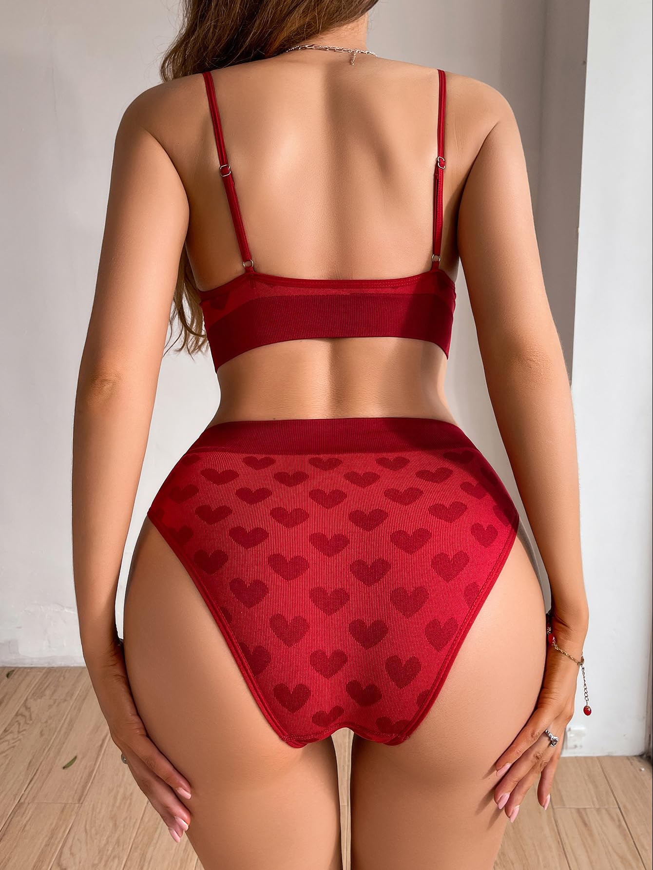 abandi Women's Wireless Ribbed Knit Bra and Panty Set,Camisole and Panties Sports loungewear, High Waist Bra and Panty Sets: Small Red