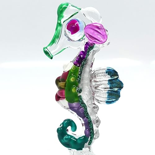 Figuras en miniatura de caballito de mar, animales soplados a mano, arte de cristal, coleccionable, decoración de regalo, morado y verde