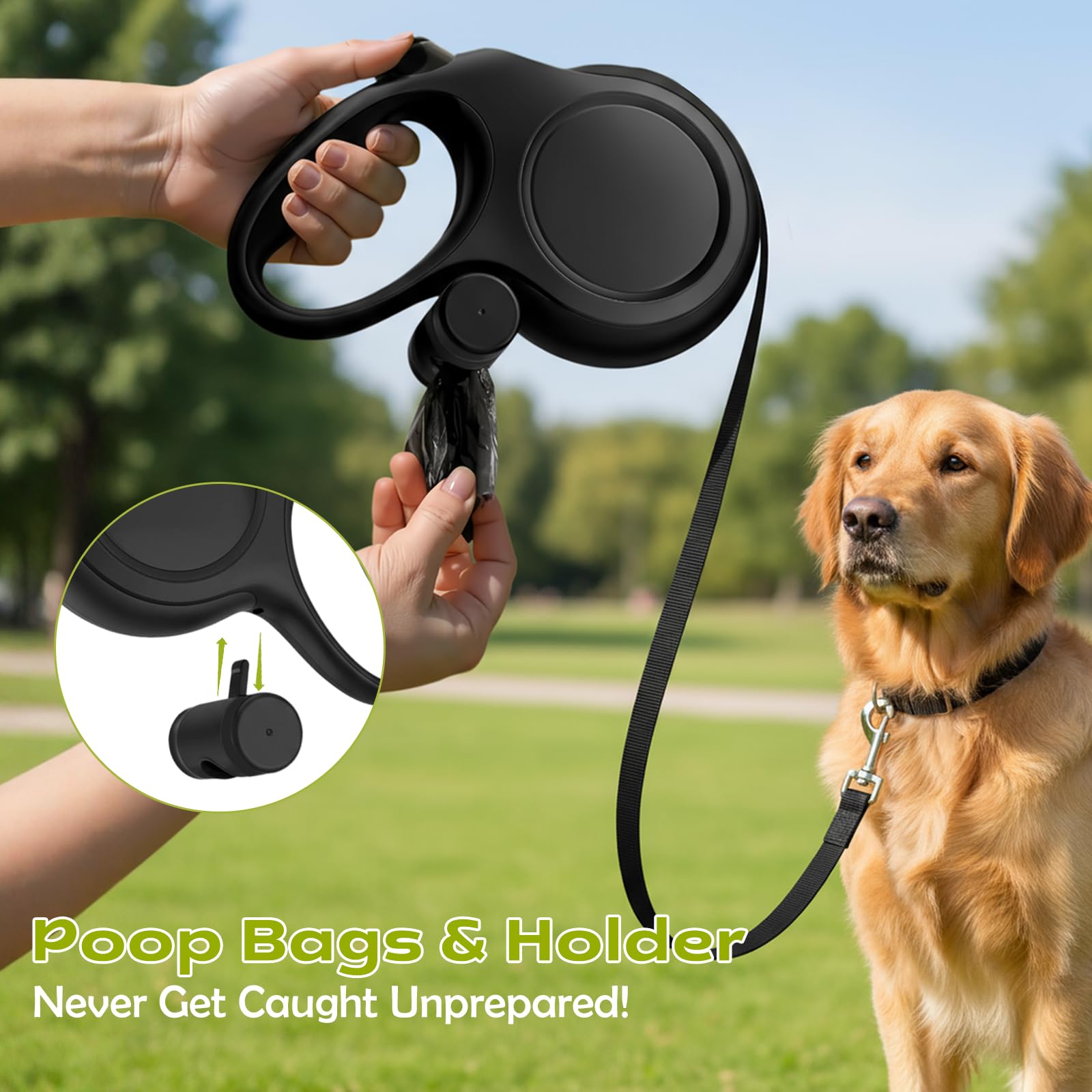 Correa Perro Extensible 8 Metros, 360°Antienredos, Mango Ergonómico, Correa Retráctil con Bolsas Higiénicas y Portabolsa, para Perros Pequeños, Medianos y Grandes hasta 50Kg (Negro, 8m)