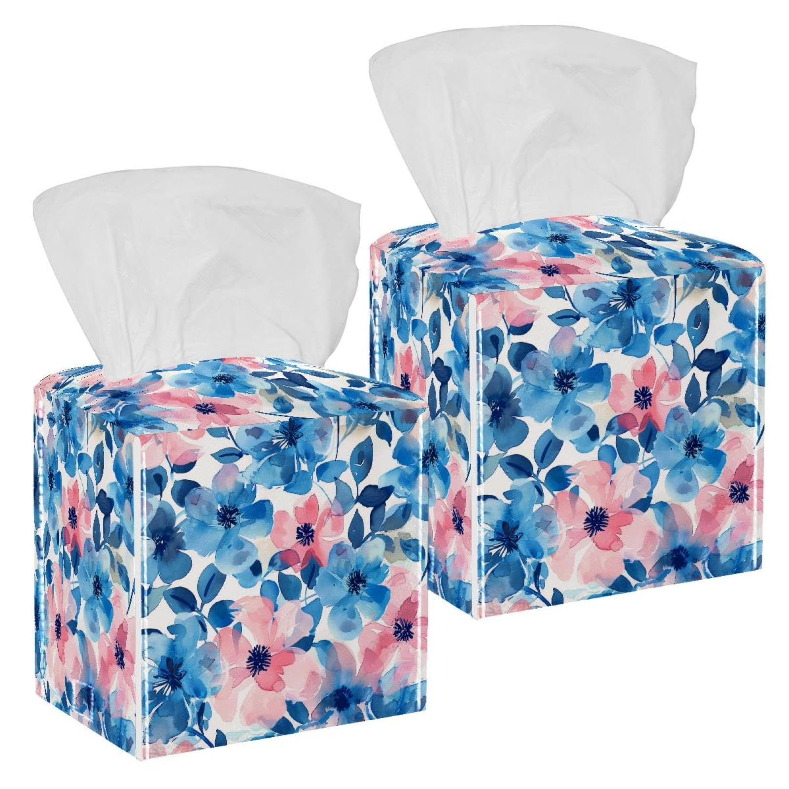 Flowers Tissue Box Cover, 2 Pack PU Leather Square Facial Tissue Dispenser Box holder for Home Office Car