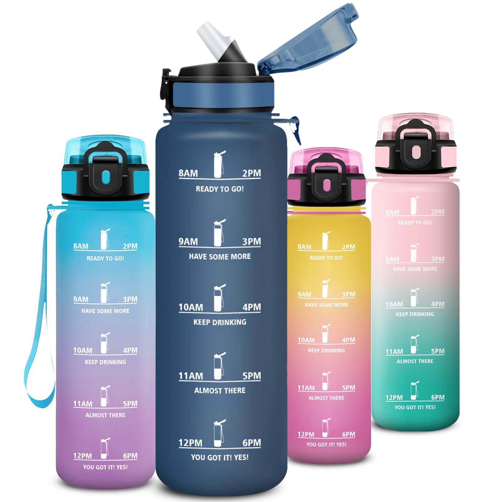 Botella Agua 1 litro, A Prueba de Fugas Cantimplora con Pajita, Botella Agua Gimnasio, Diseño de Cerradura, Cantimplora con Marcador de Tiempo para Exterior, Oficina, Deportes, Gimnasio