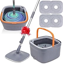 Sgizoku Mop Set with Bucket, 360° Rotating Mop with Drainer, Wash and Dry Function, Separate Clean and Dirty Water, Telescopic Handle with 4 Reusable Pads for Everything