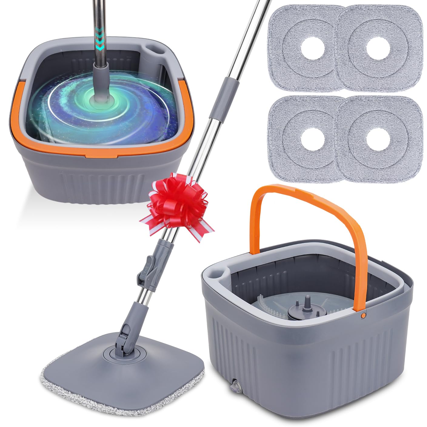 Sgizoku Set Mocio con Secchio, Mop Rotante a 360° con Strizzatoio, Funzione Lavaggio e Asciugatura, Separa Acqua Sporca e Pulita, Manico Telescopico con 4 Tamponi Riutilizzabili per Tutti