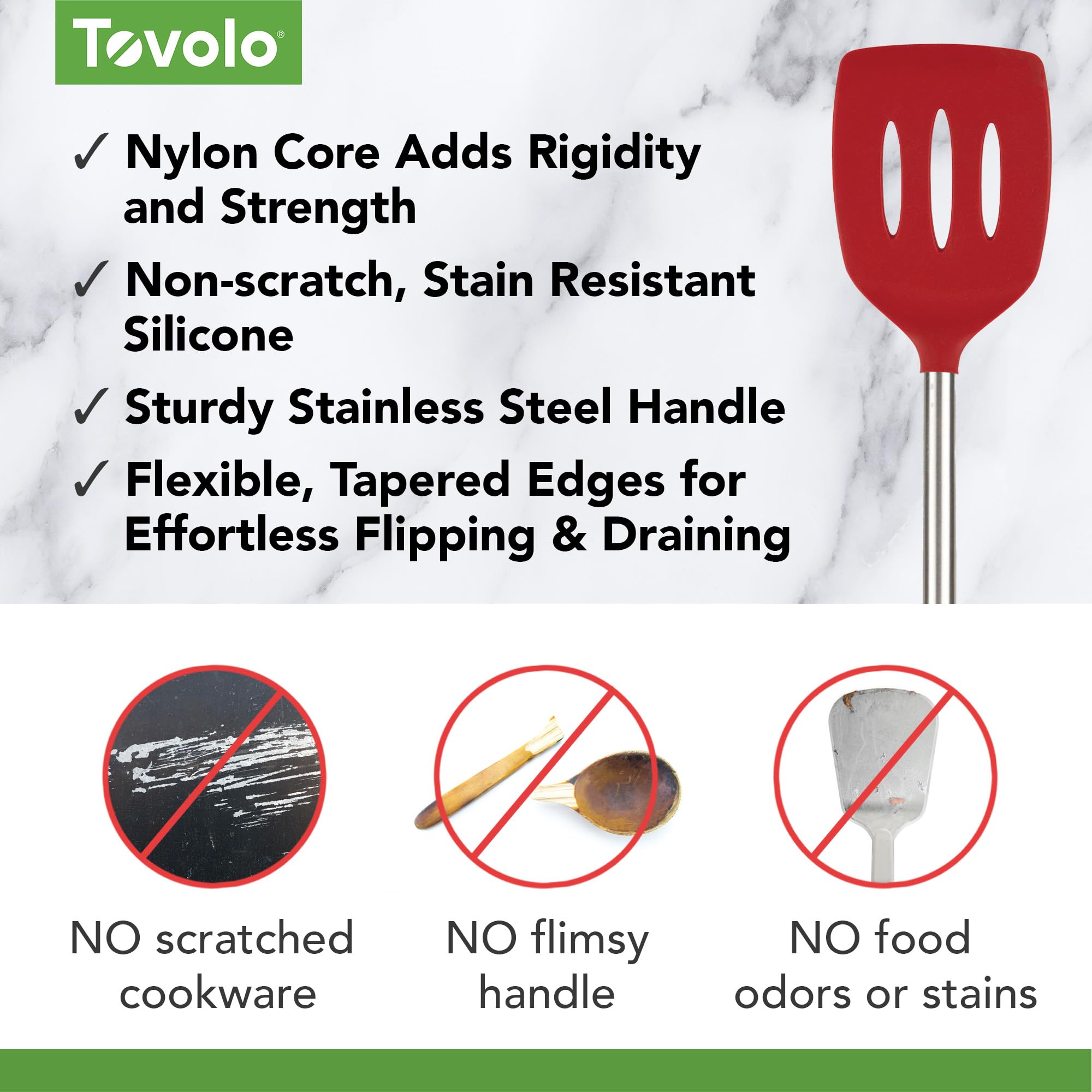 Tovolo Pfannenwender aus Silikon mit Schlitzen, Edelstahlgriff, 25,4 cm, Cayennerot, hitzebeständig, ungiftig, BPA-frei, Küchenutensilien, Silikon-Eier-Pfannkuchen-Flipper mit Metallgriff