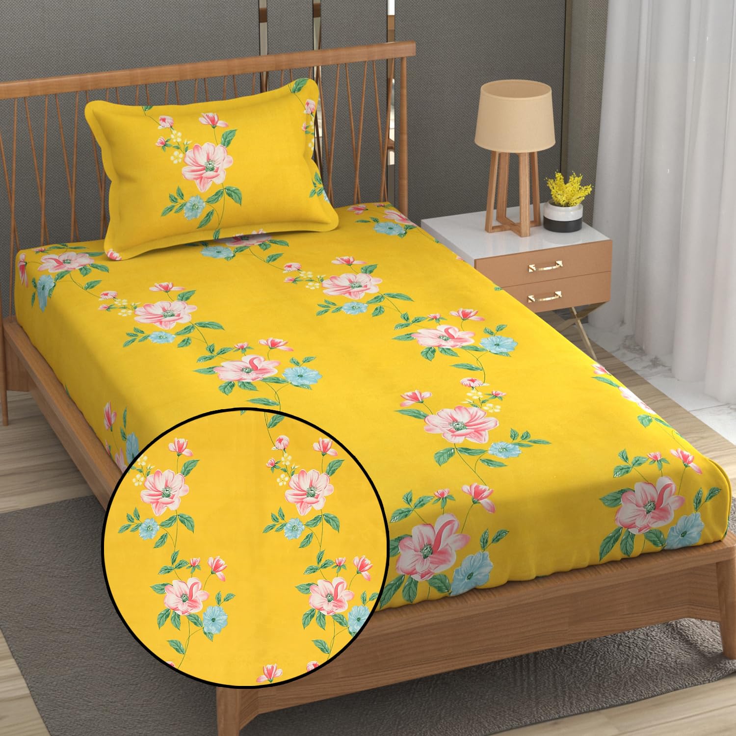 FRESH FROM LOOM Hypoallergenic Single Bed Floral Print Microfiber Bedsheet - 240 TC, 1 Pillow Covers (Size- 60 x 90 Inch | Daisy-Yellow) (B0DB239XMP) Amazon Price History, Amazon Price Tracker