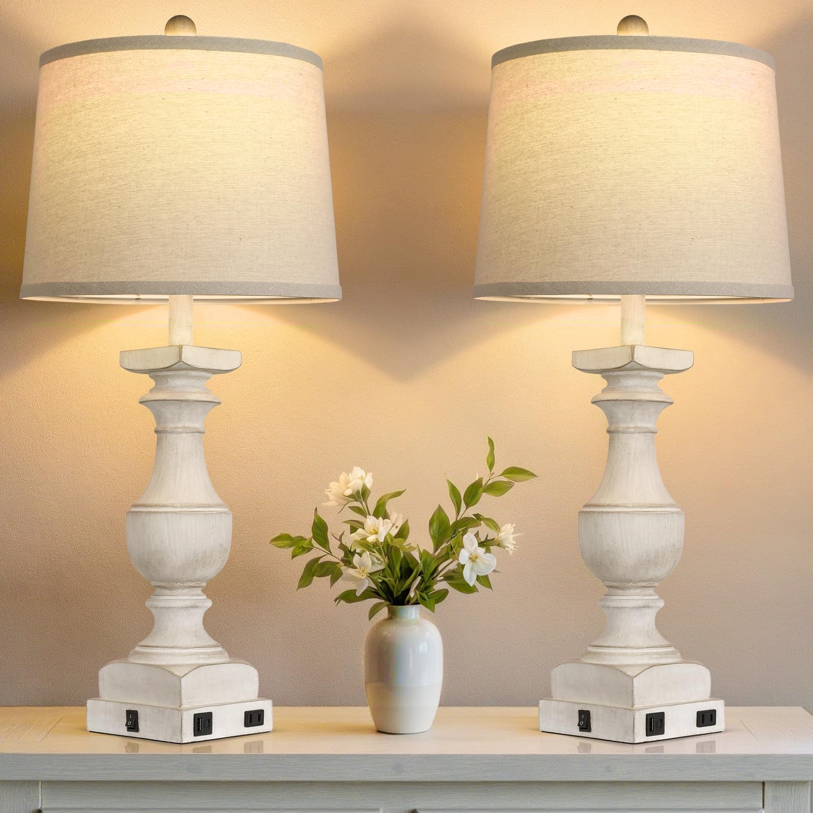 28'' Washed White Table Lamp for Bedroom Nightstand, Vintage Bedside Lamp with USB A+C Port, Farmhouse Desk Lamp with Linen Shade Set of 2, Traditional Nightstand Lamp, Rocker Switch,Bulb Included