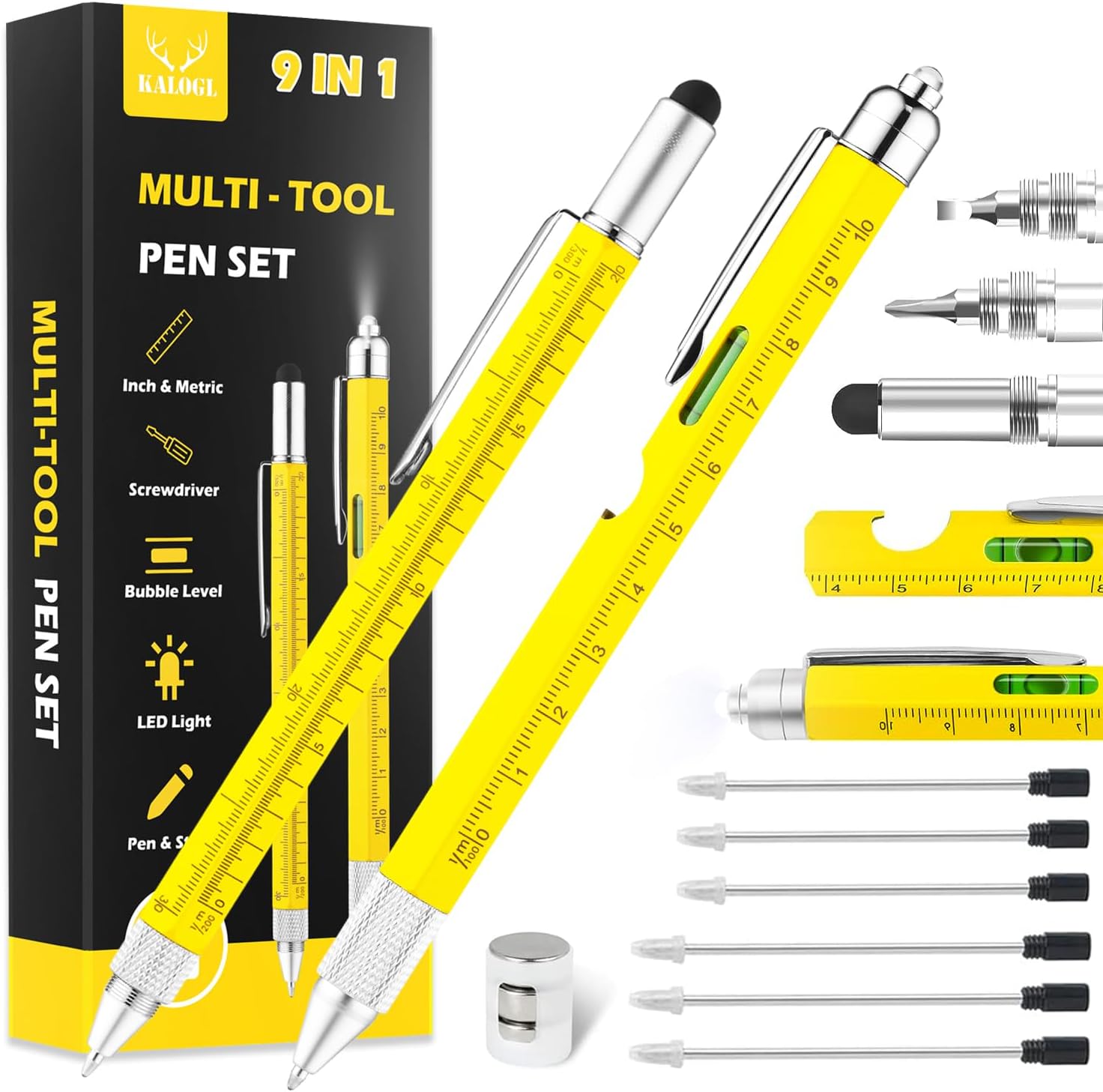 Gifts for Dad Men Him,2 Pack Multitool Pen,Multi-tool Pen with [Stylus, Ballpoint Pen, 6 refills, 4" Ruler, Level, Phillips Screwdriver,LED] (Silver)