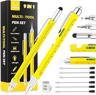 Gifts for Dad Men Him,2 Pack Multitool Pen,Multi-tool Pen with [Stylus, Ballpoint Pen, 6 refills, 4" Ruler, Level, Phillips Screwdriver,LED] (Yellow)