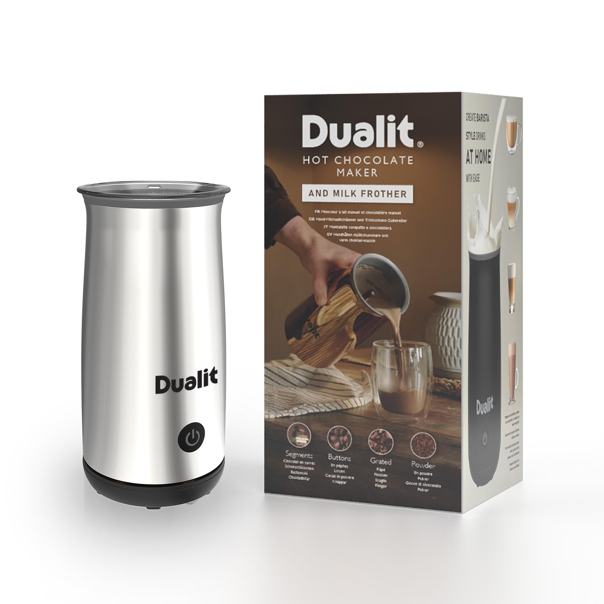 Dualit Macchina per cioccolata calda e montalatte - Capacità 250 ml - Polvere, bottoni e cioccolato grattugiato - Vellutata in 3 minuti - Caraffa senza fili - Cromato