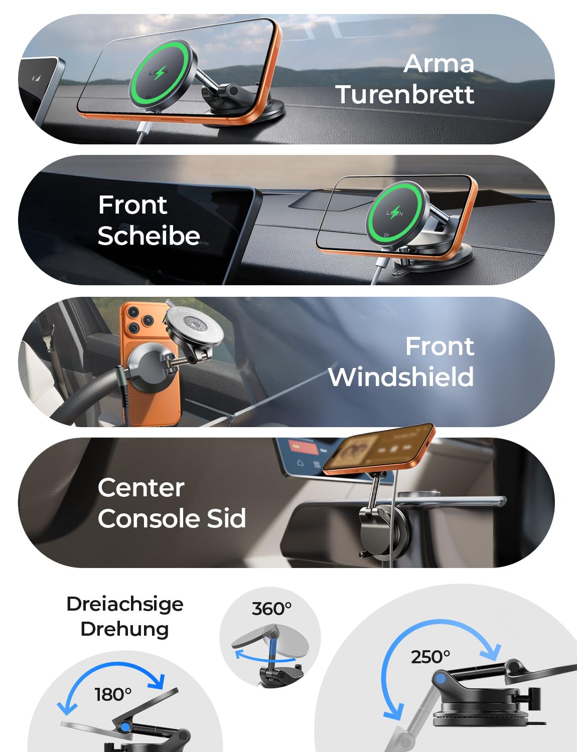 LISEN Handyhalterung Auto mit Ladefunktion - [Qi2.2 & 25W] für Magsafe Autohalterung mit Vakumm Saugnapf Snapmount Handy Halterung Auto Magsafe für iPhone 17 Pro Max Air 16-12 Series, Galaxy S25 Ultra