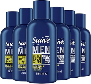 Suave Men’s 3-in-1 Shampoo, Conditioner, & Body Wash, Travel-Size 6-Pack, Citrus Rush, 3 Oz Ea