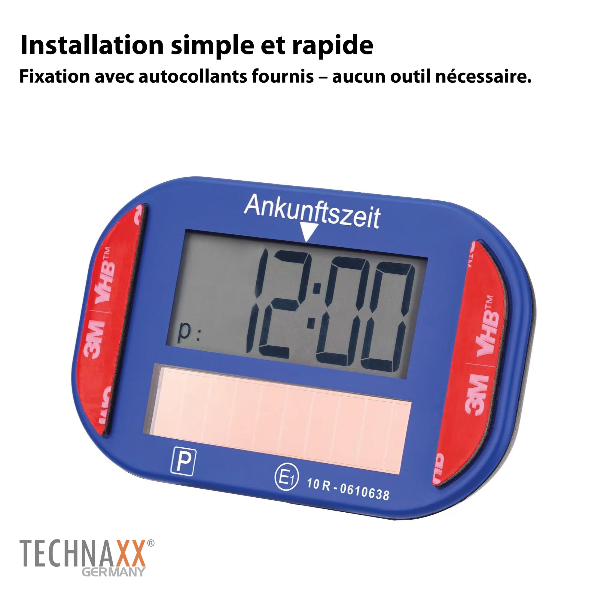 Technaxx TX-337 Disque de stationnement électronique solaire – Horloge automatique pour voiture avec capteur de mouvement, double écran, charge solaire et batterie incluse – Accessoire de stationnemen
