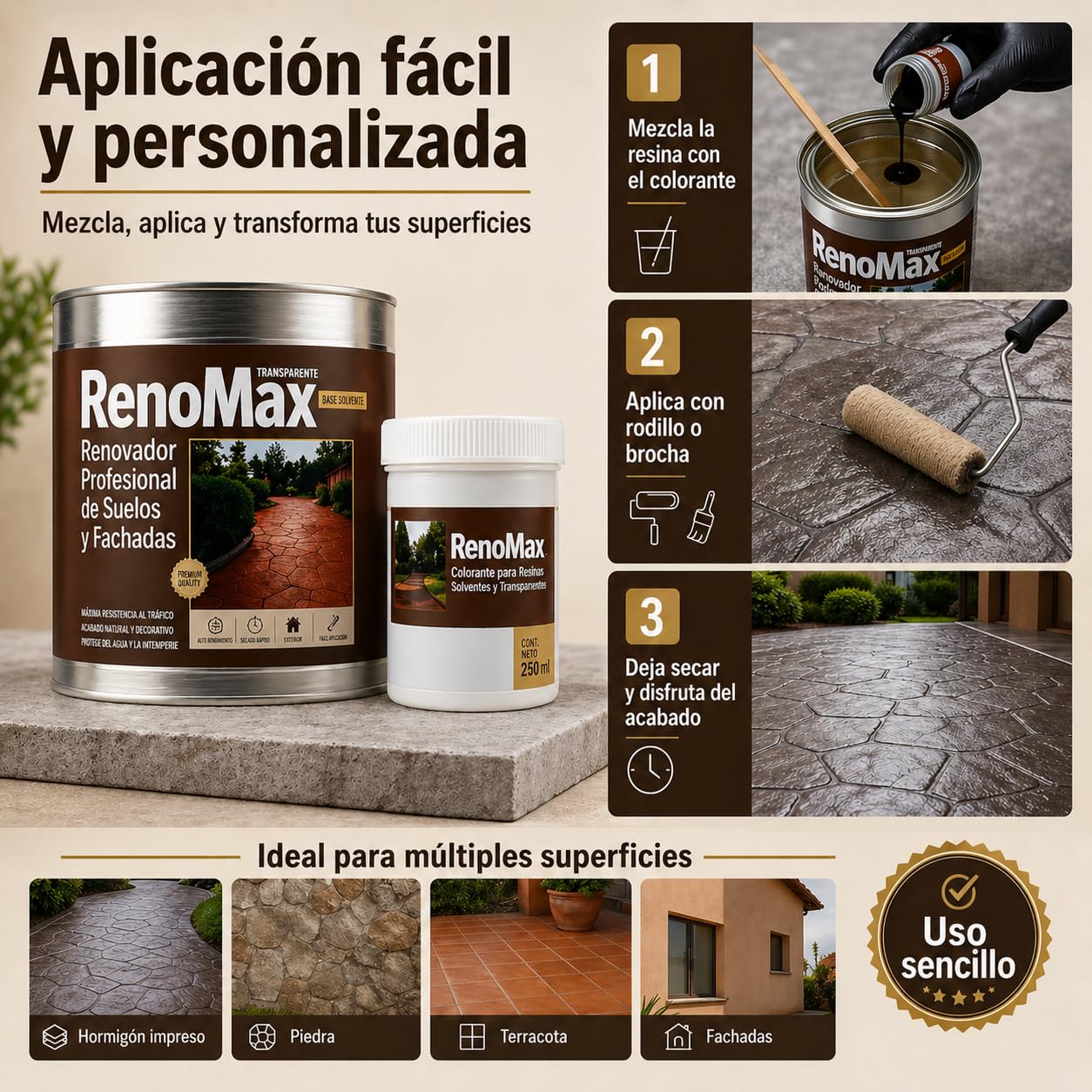 Renomax - Resina Hormigon Impreso y Superficies Porosas Al Disolvente + Tinte Hormigon Impreso Color Cuero, 5L Cubre hasta 50m² | Repara y Protege Suelos,Fachadas | Fácil de Aplicar, Garantía 5 Años