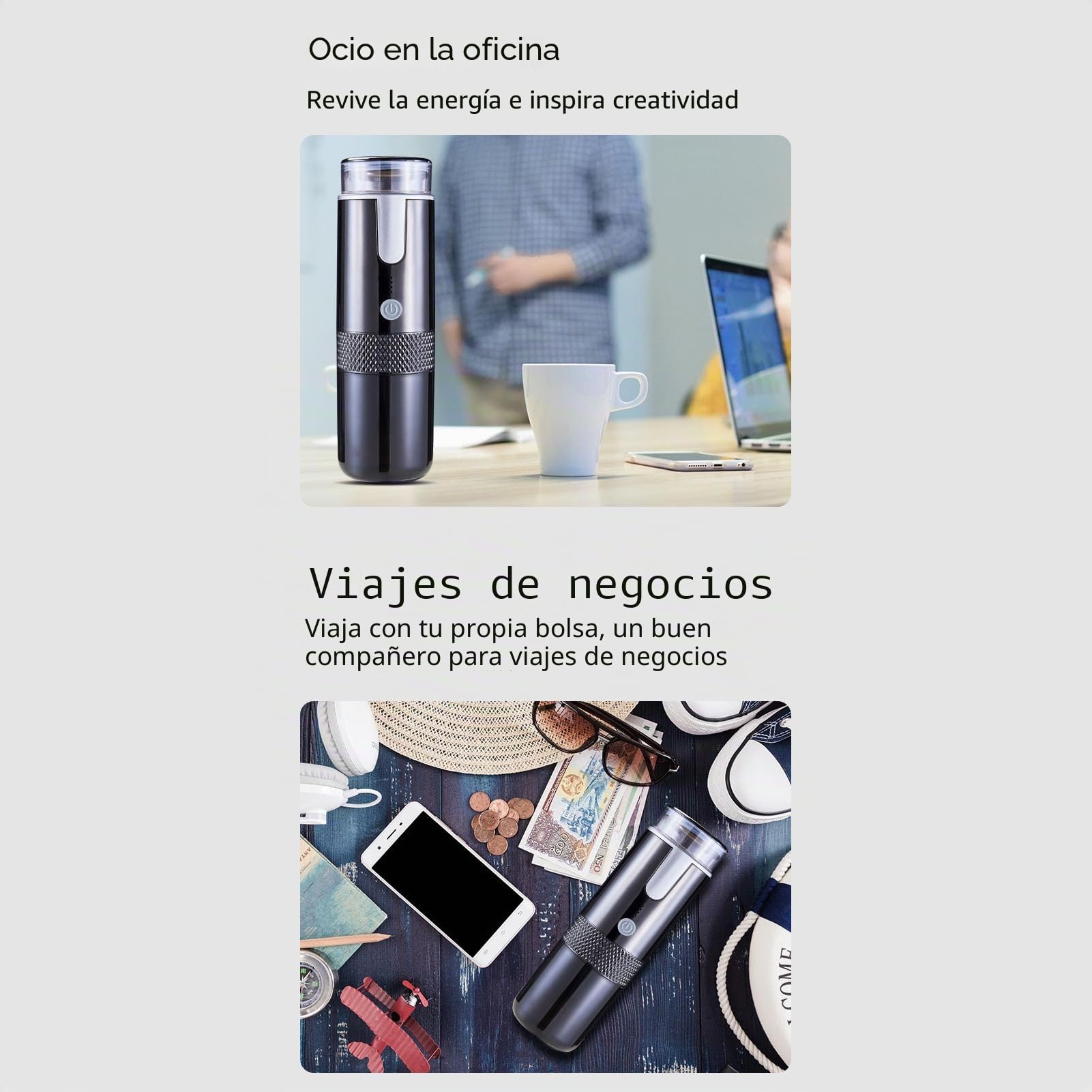 Cafetera portátil mini, inalámbrica, recargable tipo C, con batería de 1200 mAh, ideal para viajes y camping. Compatible con cápsulas K-Cup y café americano.