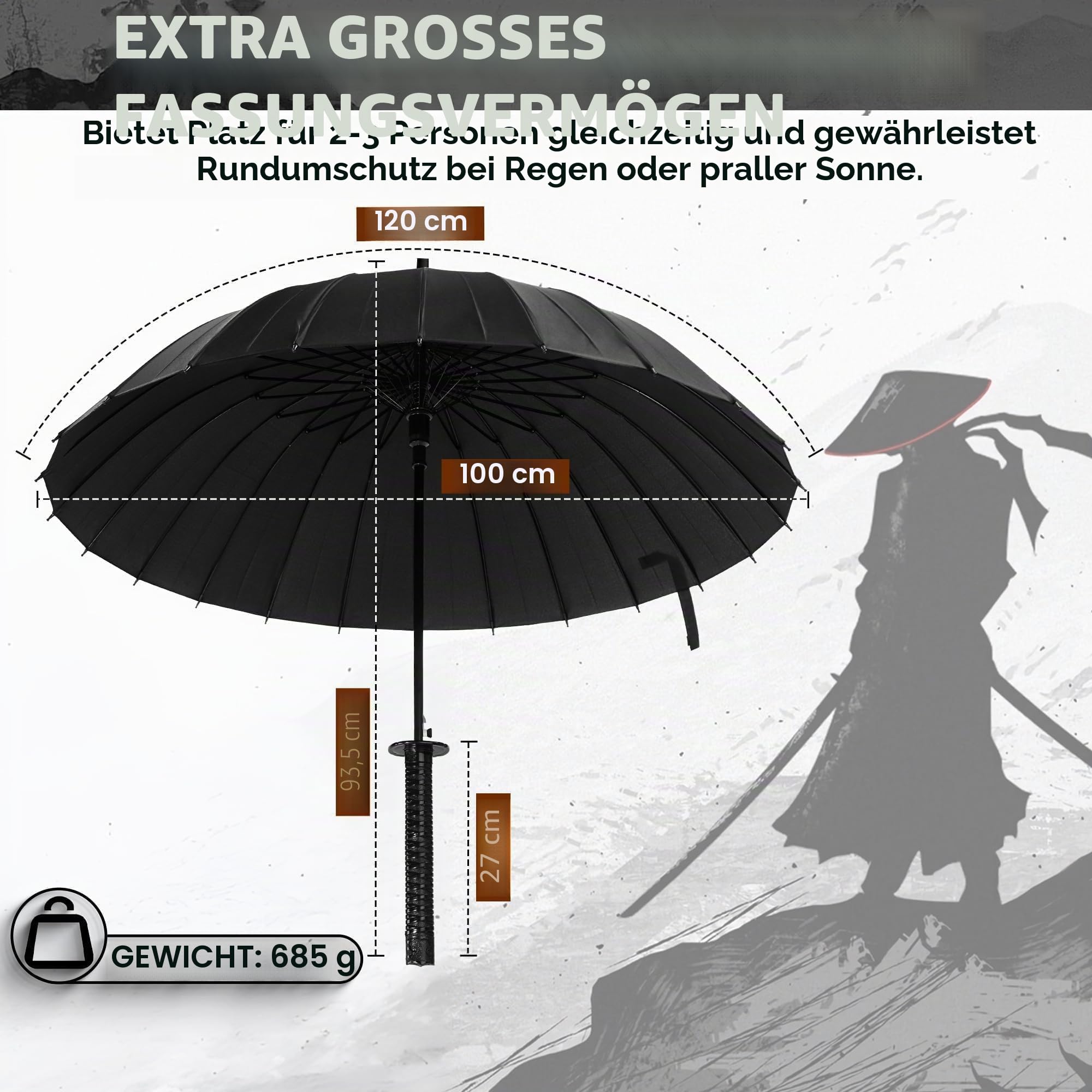 Moontay Langer Griff Regenschirm Samurai Schwert-Design Outdoor Reise Sonne & Regen Winddicht Wasserdicht Sturmfest Anime schwarz gerade 16 oder 24 Rippen Metall unisex leicht
