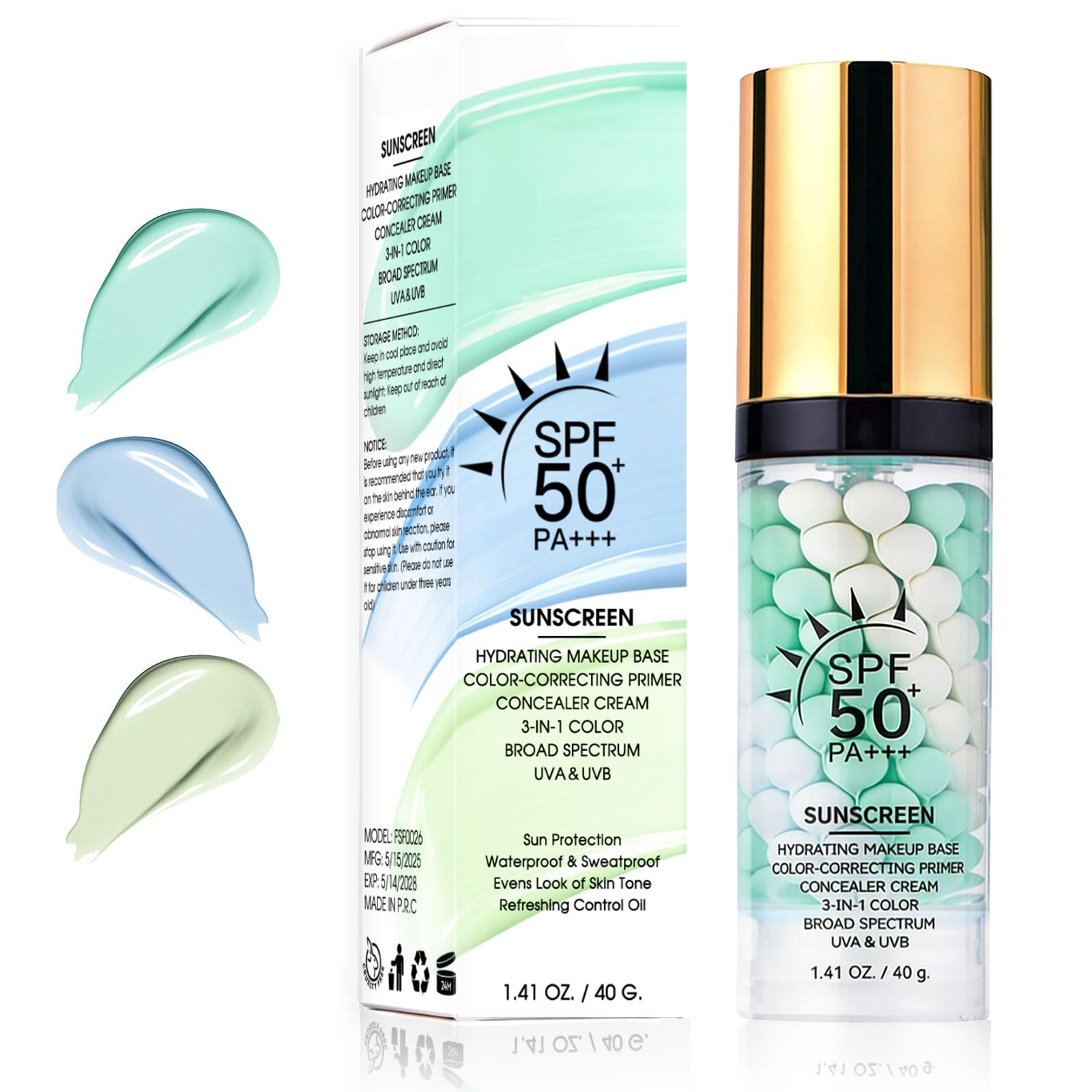 3 In 1 Primer for Face Before Makeup, SPF 50 PA+++, Sunscreen Isolation Cream, One-Step Color Correcting Primer, Blurs Pores Oil Control Concealer & Moisturizing, Skin Tone Correcting #02 1-Pack（02*1）