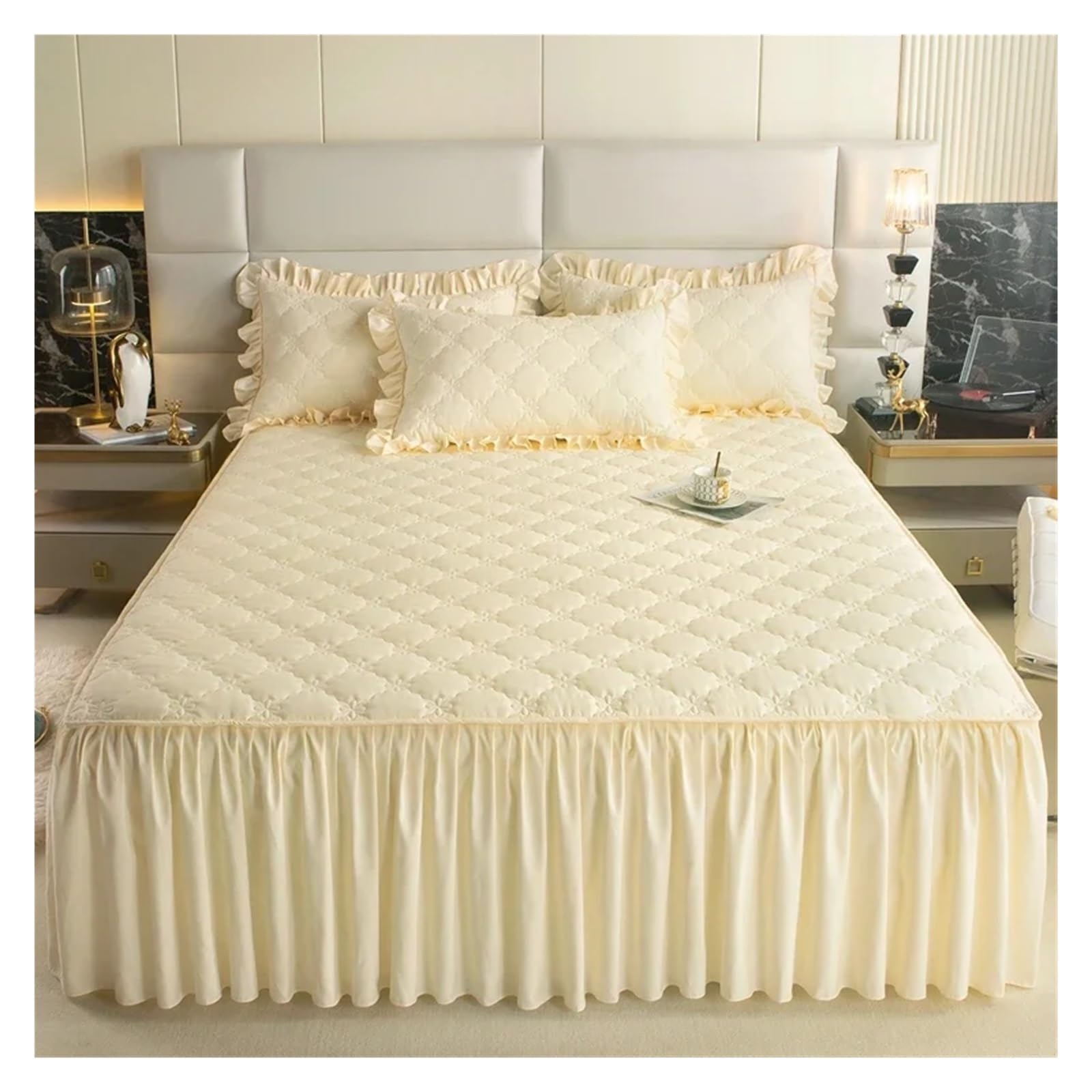 Thickened Bed Skirt Solid Color Bed Cover Quilted Mattress Protector Bedspread(4,Queen 150x200cm 1pc)