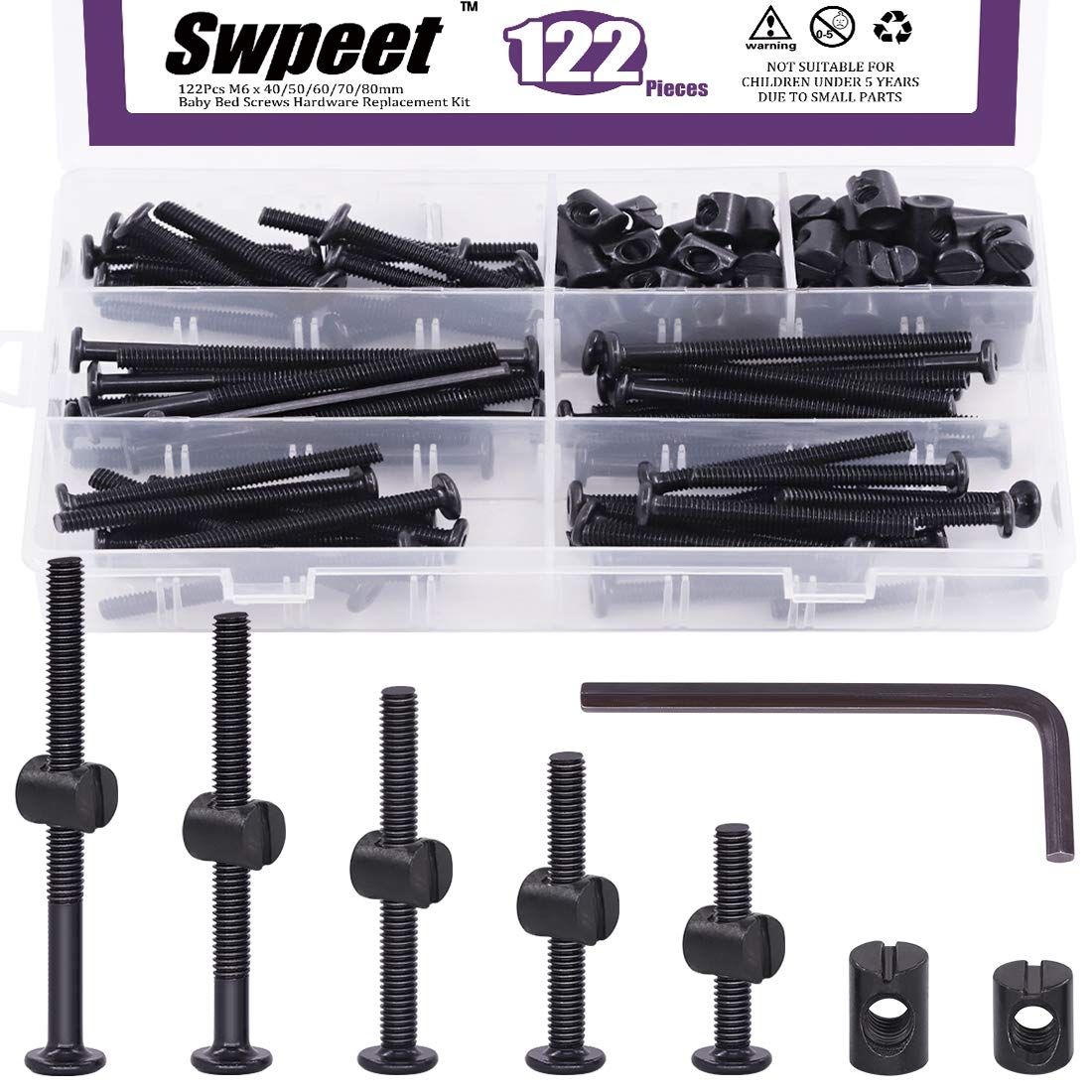 Swpeet 110Pcs Hex Socket Crib Hardware Screws, M6 Furniture Barrel Nut Bolt Assortment Kit, M6*40mm-80mm