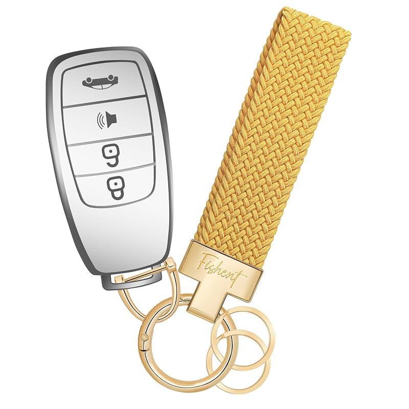 Chaveiro para Carro Fishent em Nylon Trançado Elástico com 3 Argolas, D-Ring e Mini Chave de Fenda, Cor Maize
