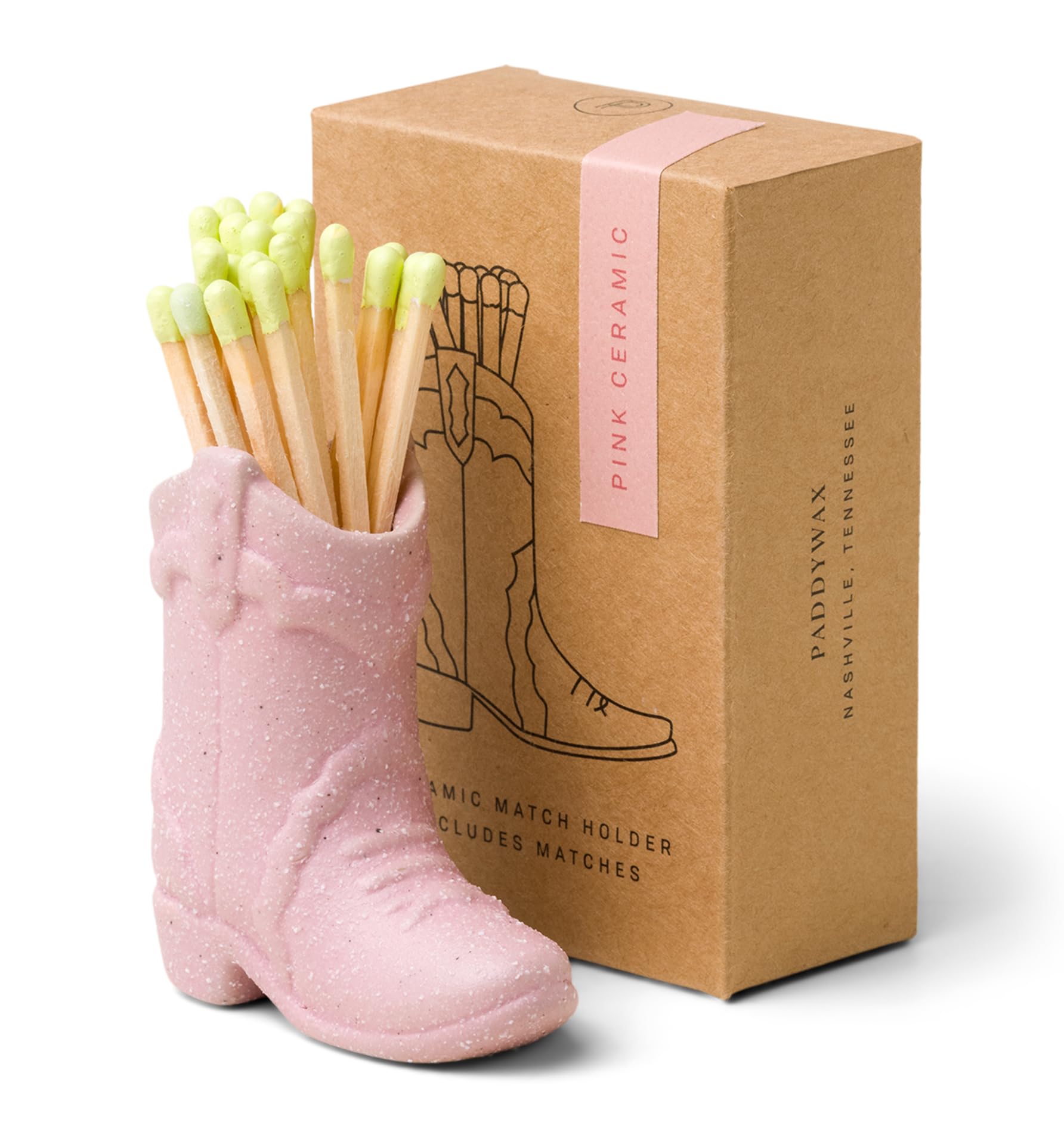 Paddywax Pink Match Holder With Striker Textured Ceramic Cowboy Boot With Safety Matches Included, 3" Tall,