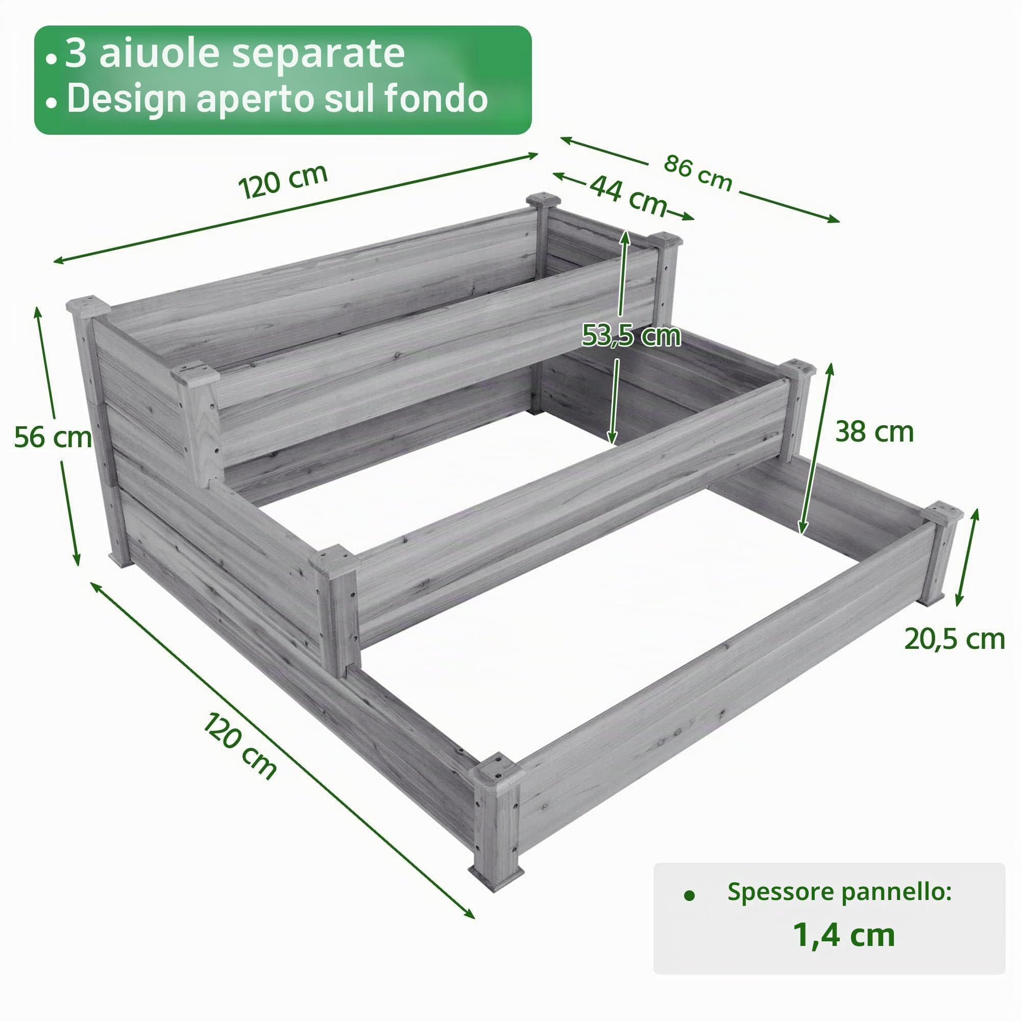 Yaheetech Letto Orto Rialzato da Giardino Etserno Interno Grande a 3 Livelli Aiuola Rialzata Vasca per Piante in Legno 120 x 120 x 56 cm Grigio