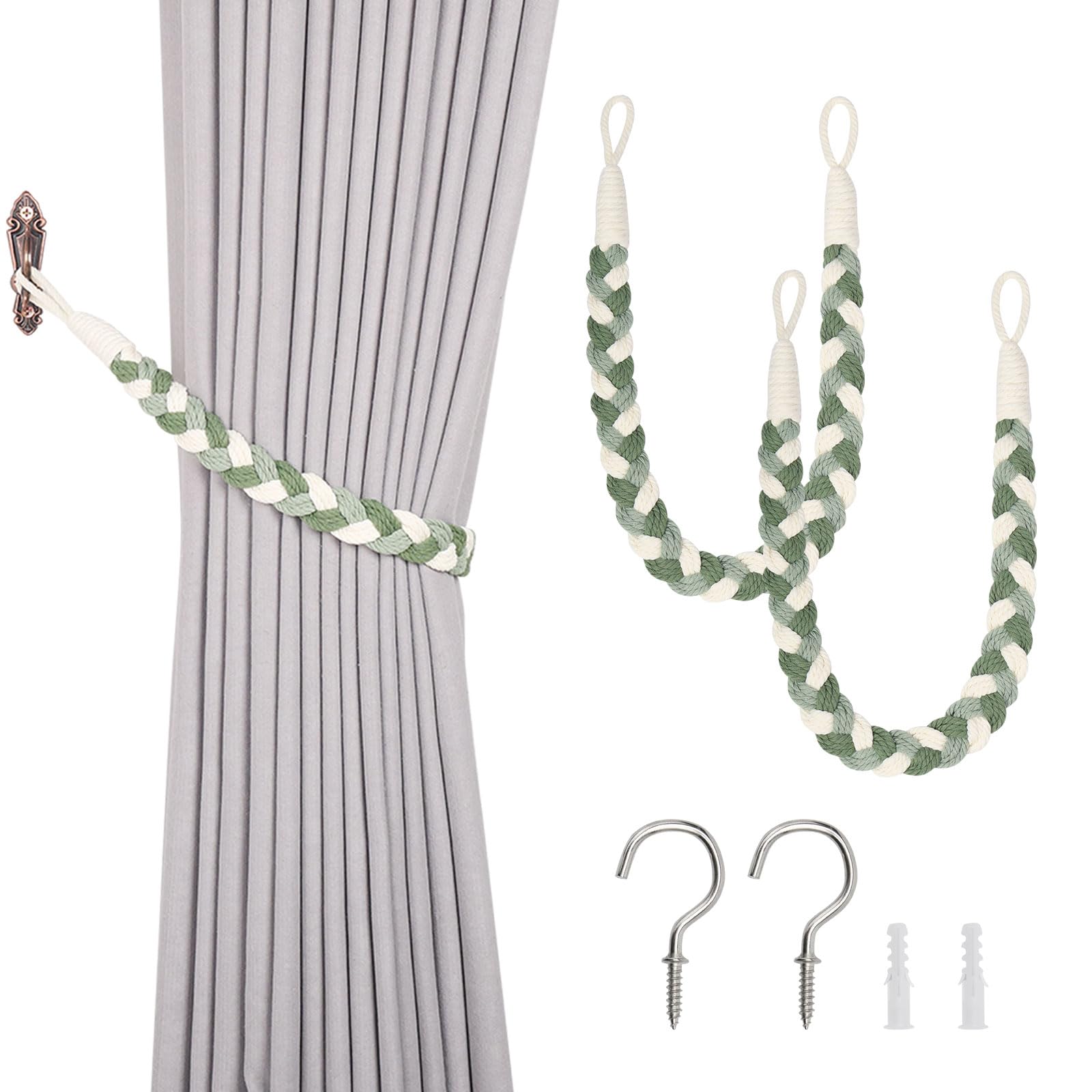 Pretty Jolly 2 Pack Natural Cotton Rope Curtain Tiebacks Elegant Boho Style Decorative Drape Tie Backs Soft Hand-Woven Rope Curtain Holdbacks with Metal Hook for Home & Office Drapery (Green & Beige)