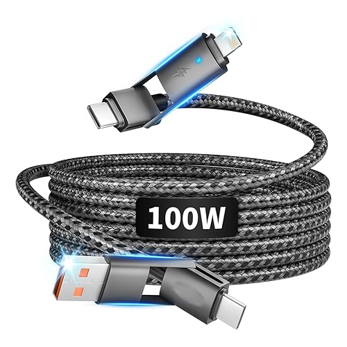 Cable de carga trenzado 4 en 1, cargador de iPhone de 100 W, cable de carga rápida USB AC a CLightning múltiple, cargadores universales para