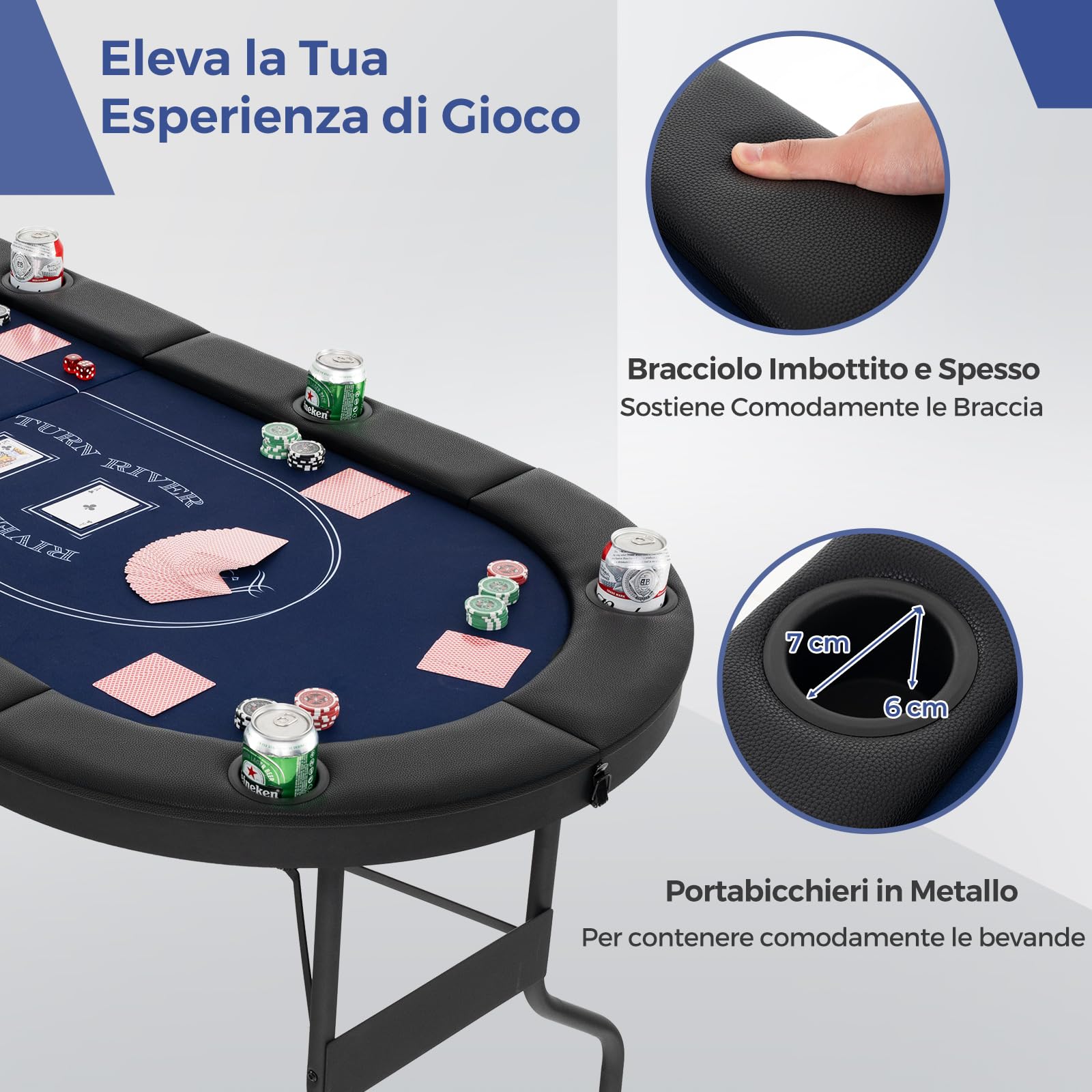 RELAX4LIFE Tavolo da Poker Pieghevole per 8 Giocatori, Tavolo da Texas Holdem Portatile con Fascia Imbottita, Supporti per Bicchieri in Metallo Profondi, Superficie in Feltro di Grado Casinò (Blu)